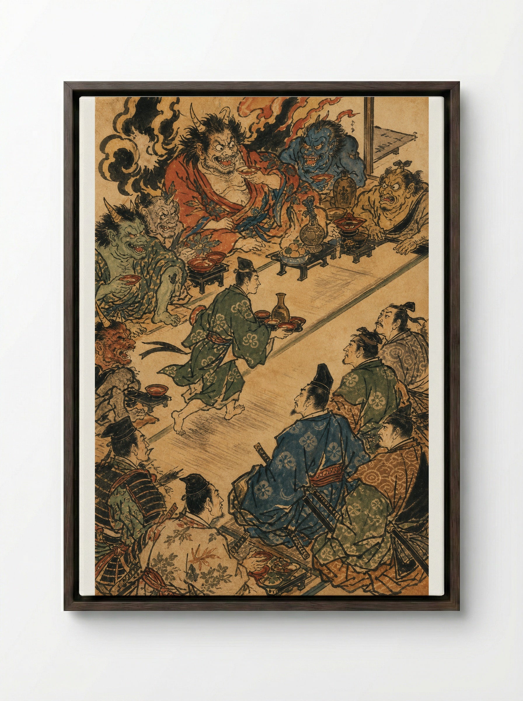 Shuten-doji at Mount Oe: The Demon's Banquet - Framed Canvas Dark Wood