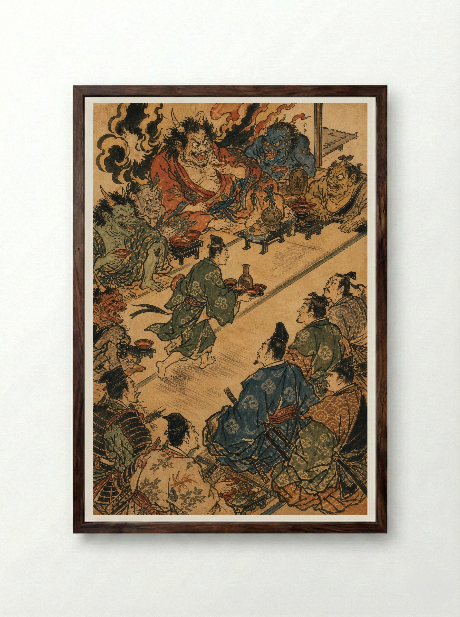 Shuten-doji at Mount Oe: The Demon's Banquet - Framed Print Dark Wood