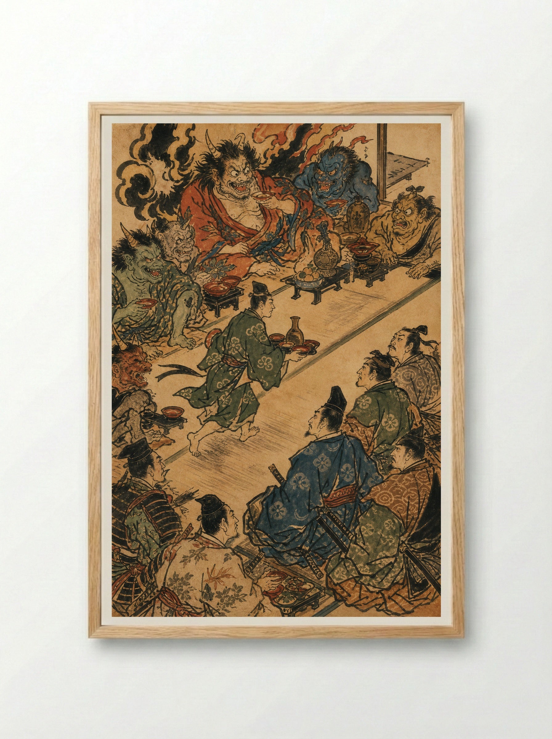 Shuten-doji at Mount Oe: The Demon's Banquet - Framed Print Wood