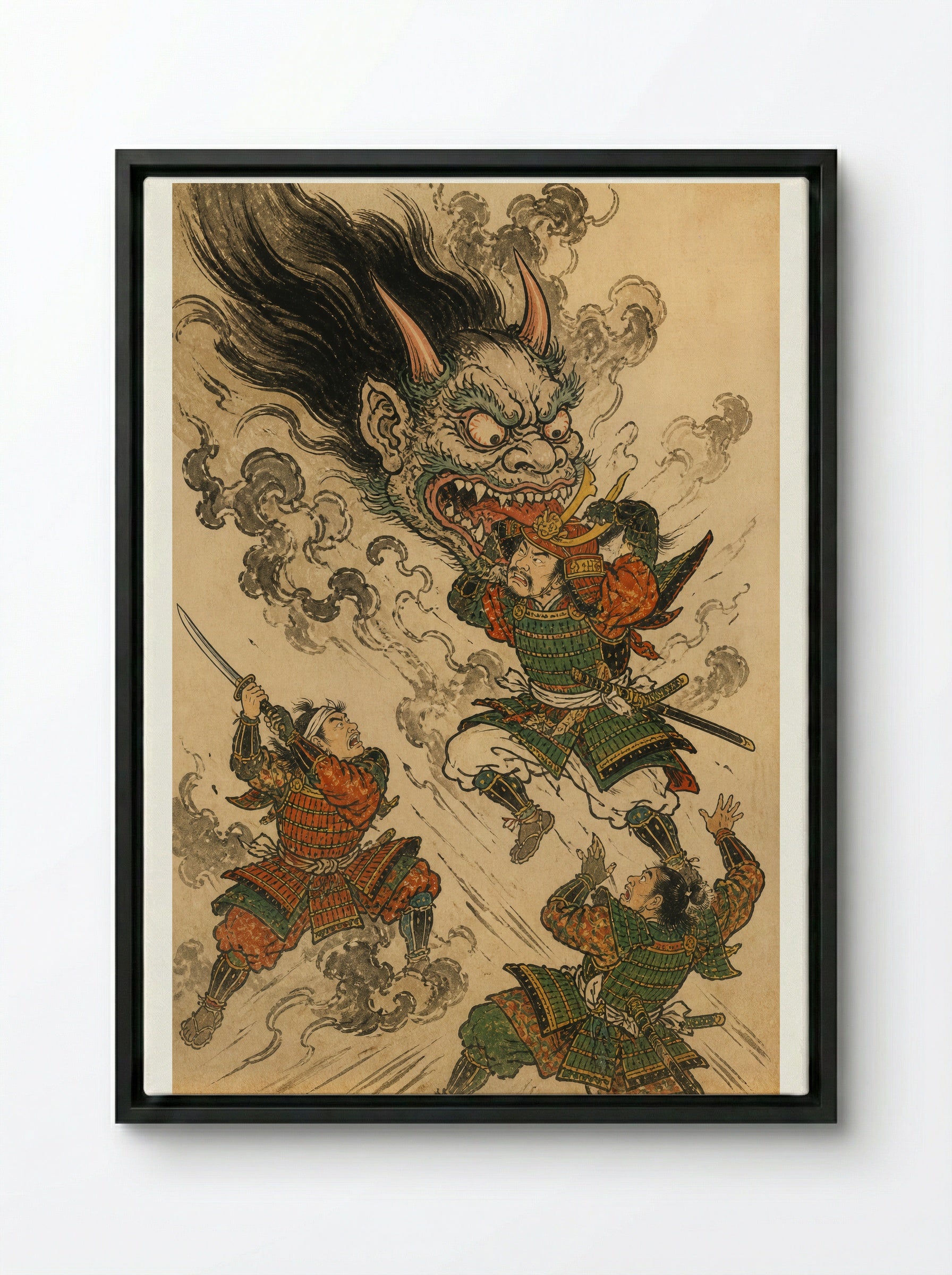 Shuten-doji at Mount Oe: The Head Attacks Raiko - Framed Canvas Black