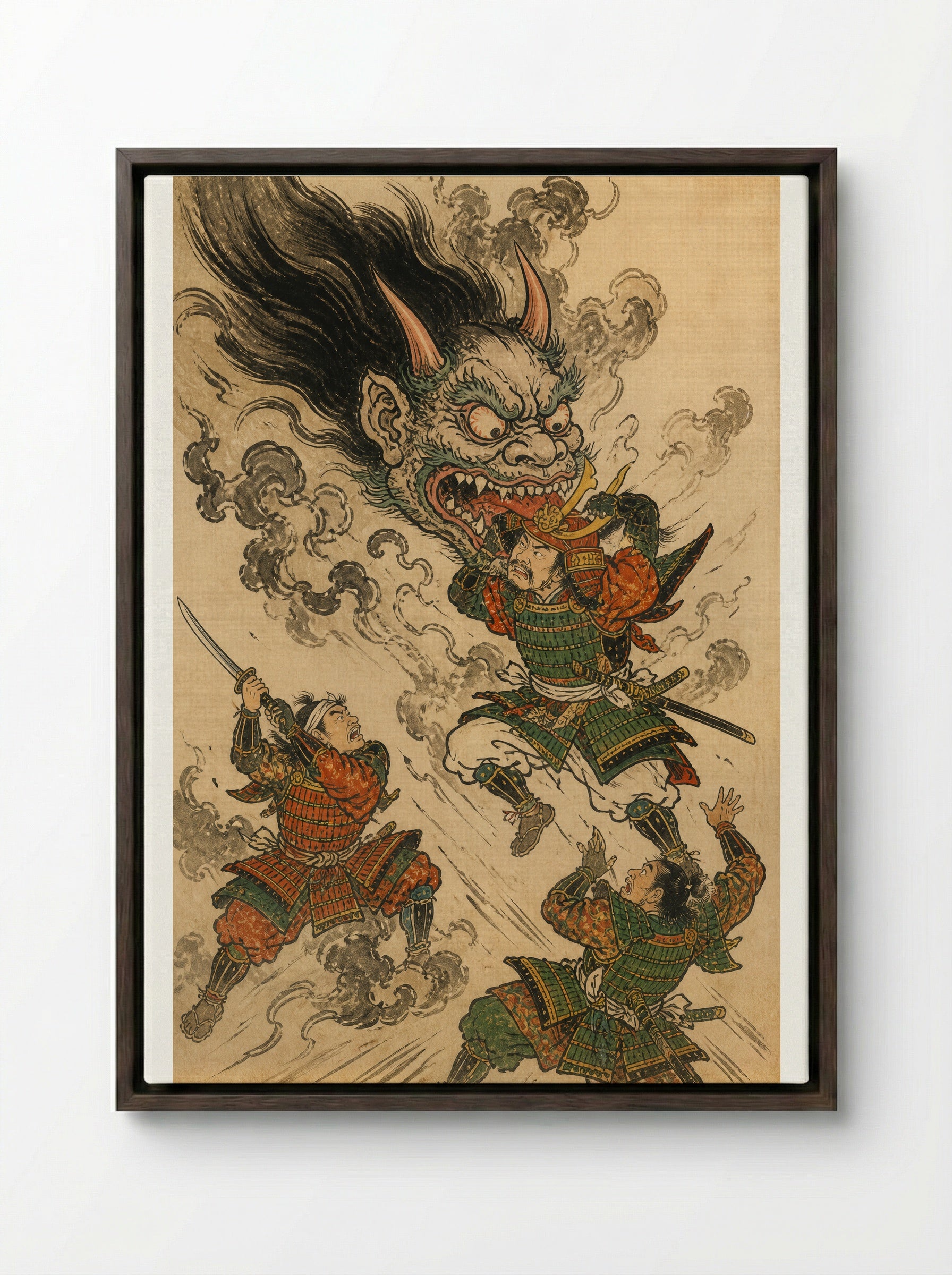 Shuten-doji at Mount Oe: The Head Attacks Raiko - Framed Canvas Dark Wood