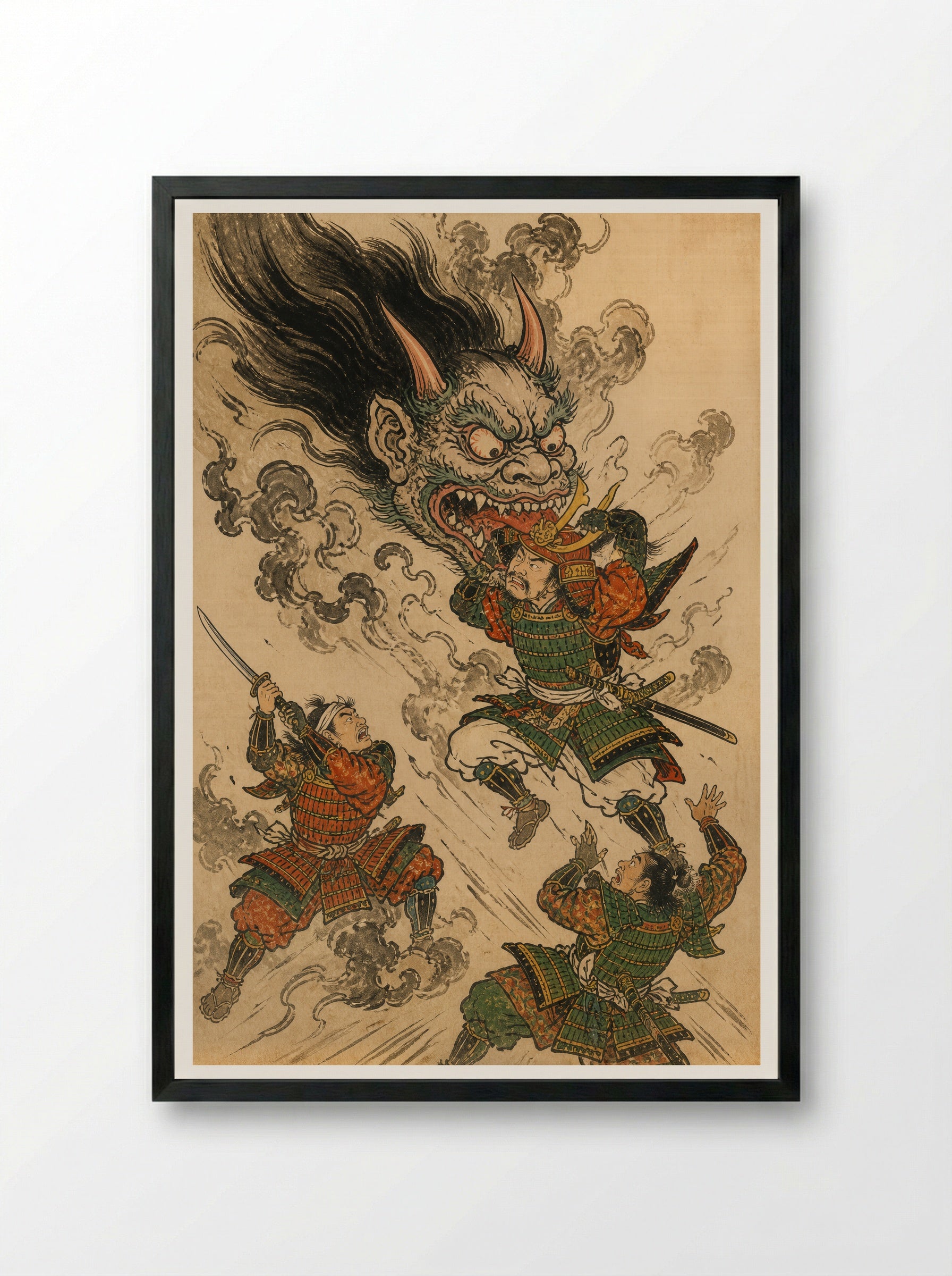 Shuten-doji at Mount Oe: The Head Attacks Raiko - Framed Print Black