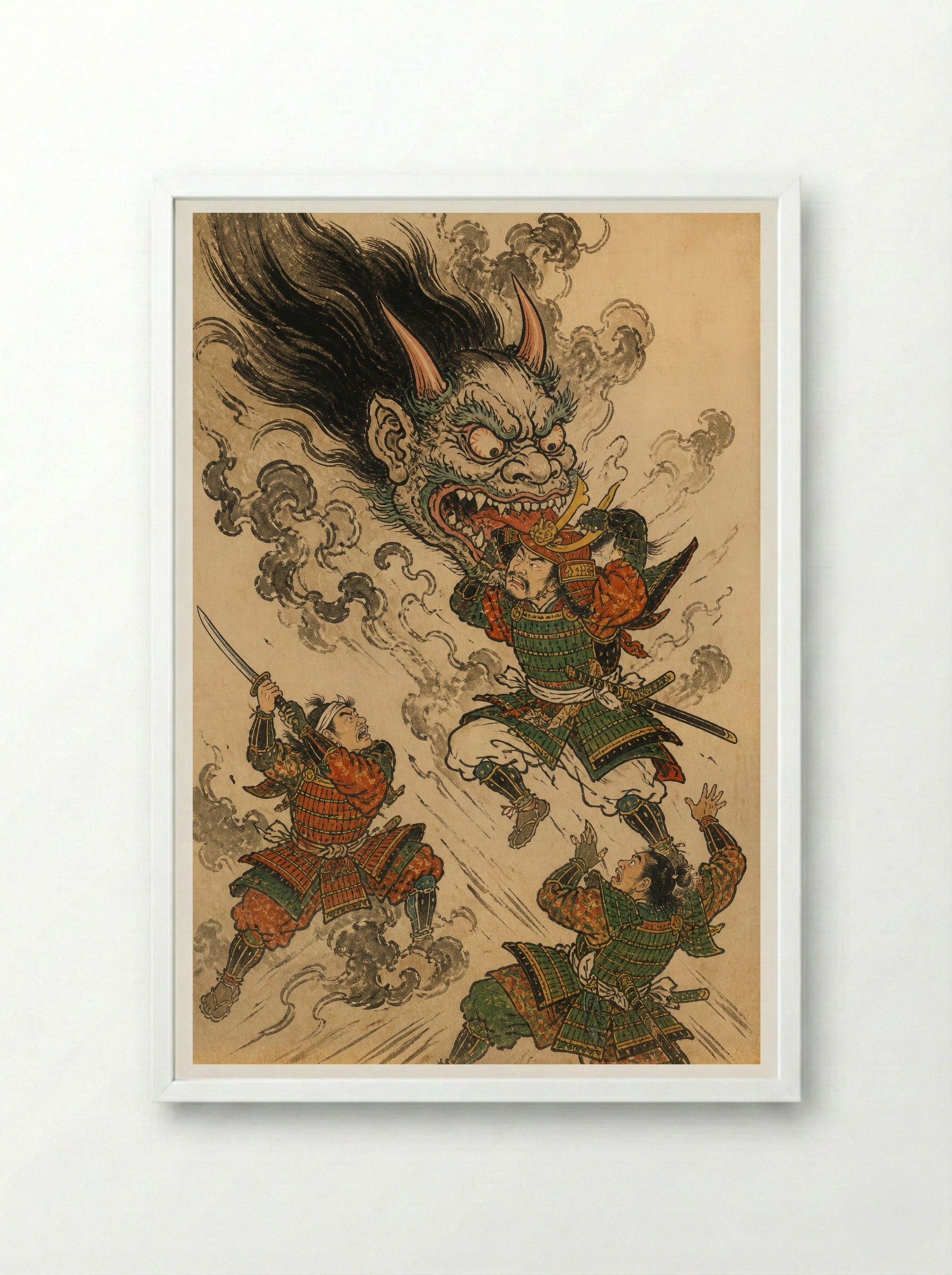 Shuten-doji at Mount Oe: The Head Attacks Raiko - Framed Print White