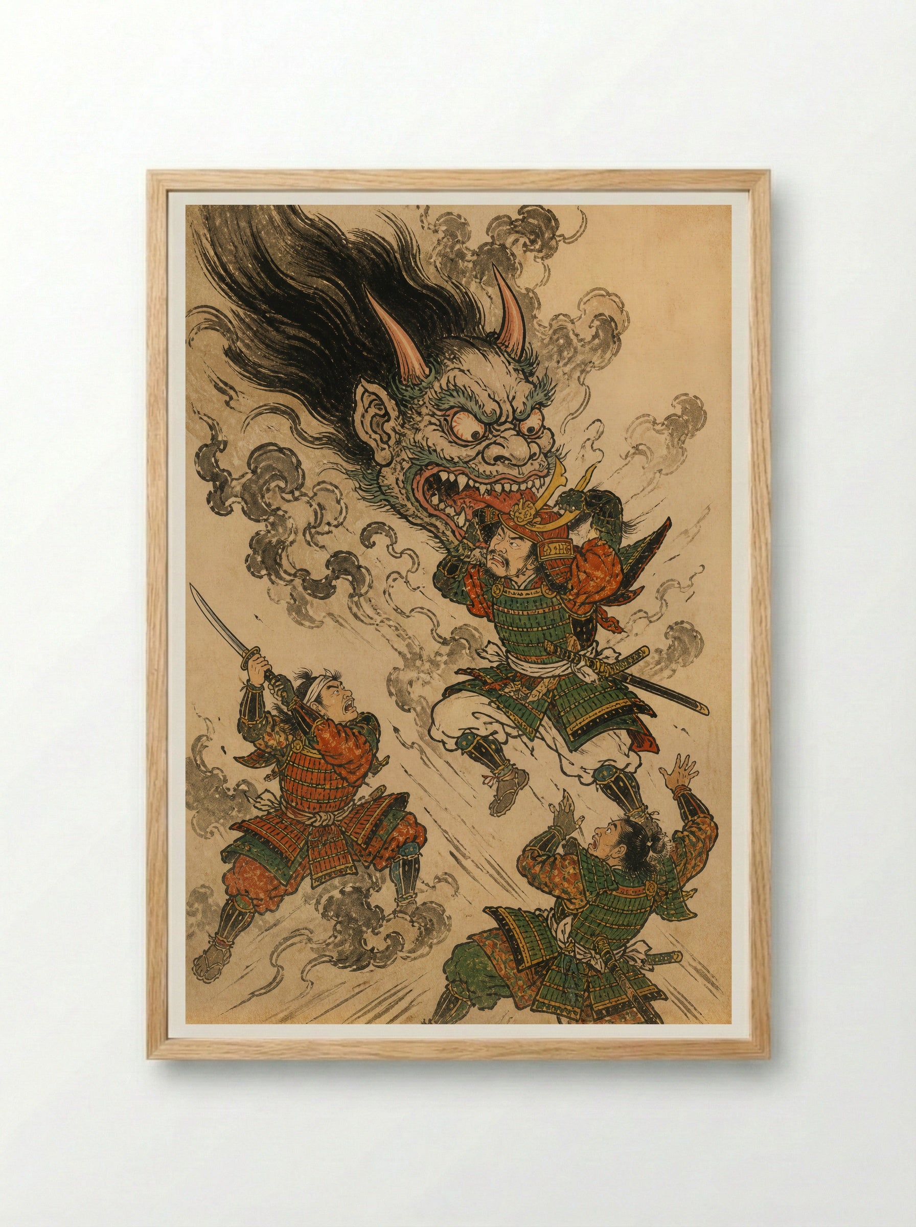 Shuten-doji at Mount Oe: The Head Attacks Raiko - Framed Print Wood