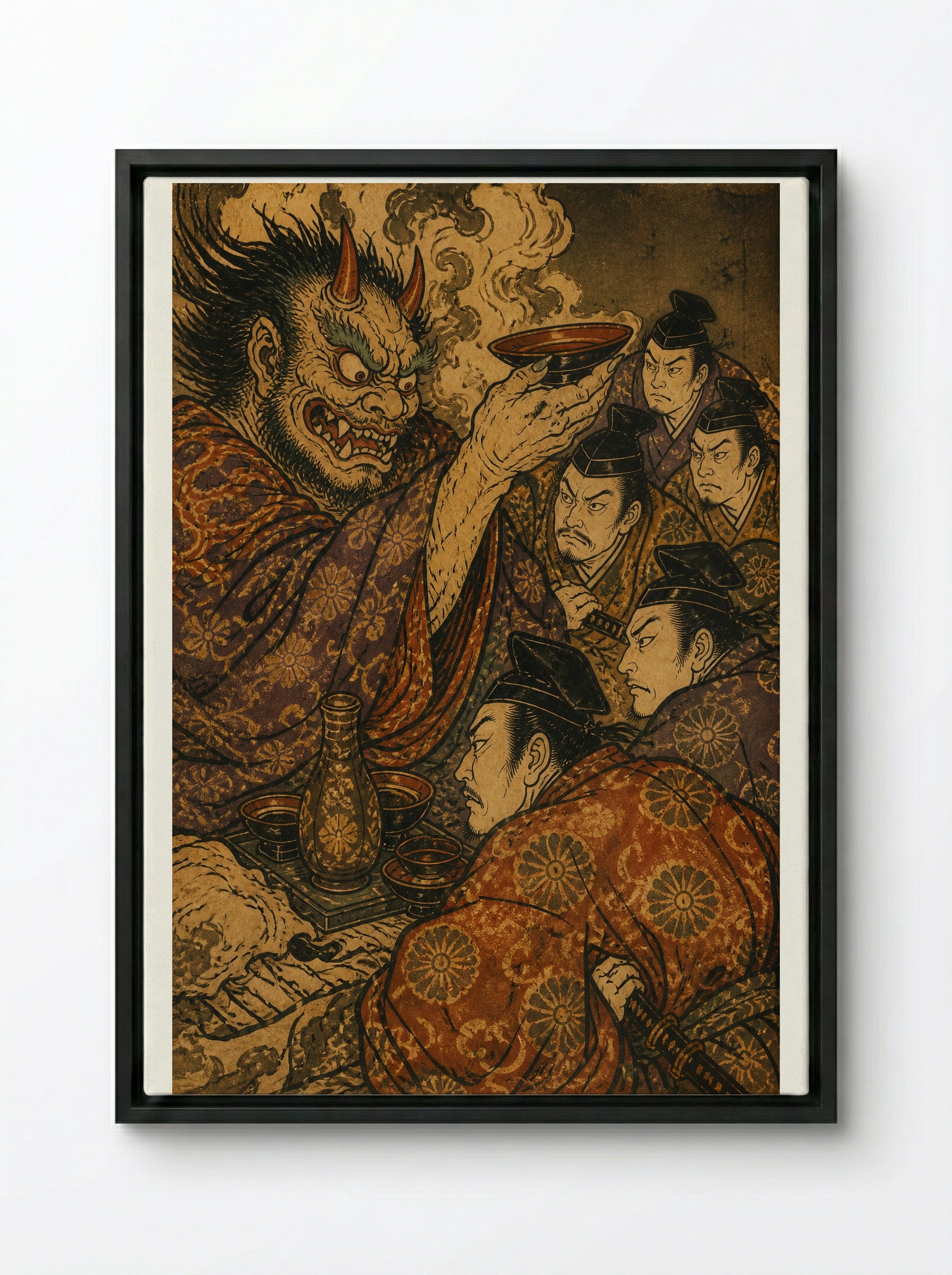 Shuten-doji at Mount Oe: The Sacred Sake - Framed Canvas Black