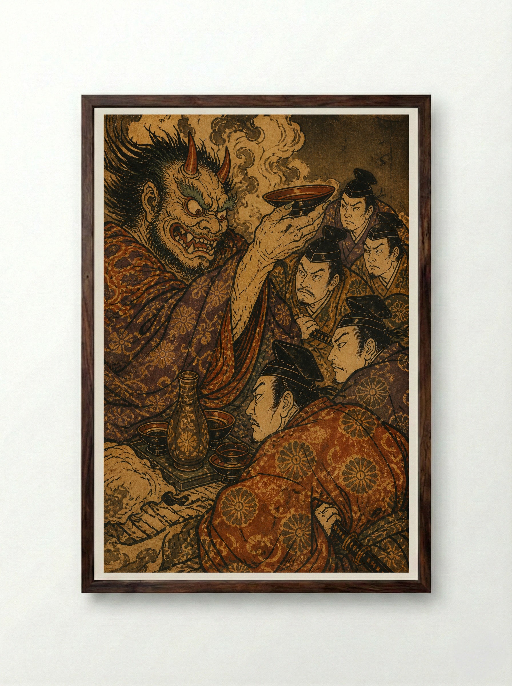 Shuten-doji at Mount Oe: The Sacred Sake - Framed Print Dark Wood