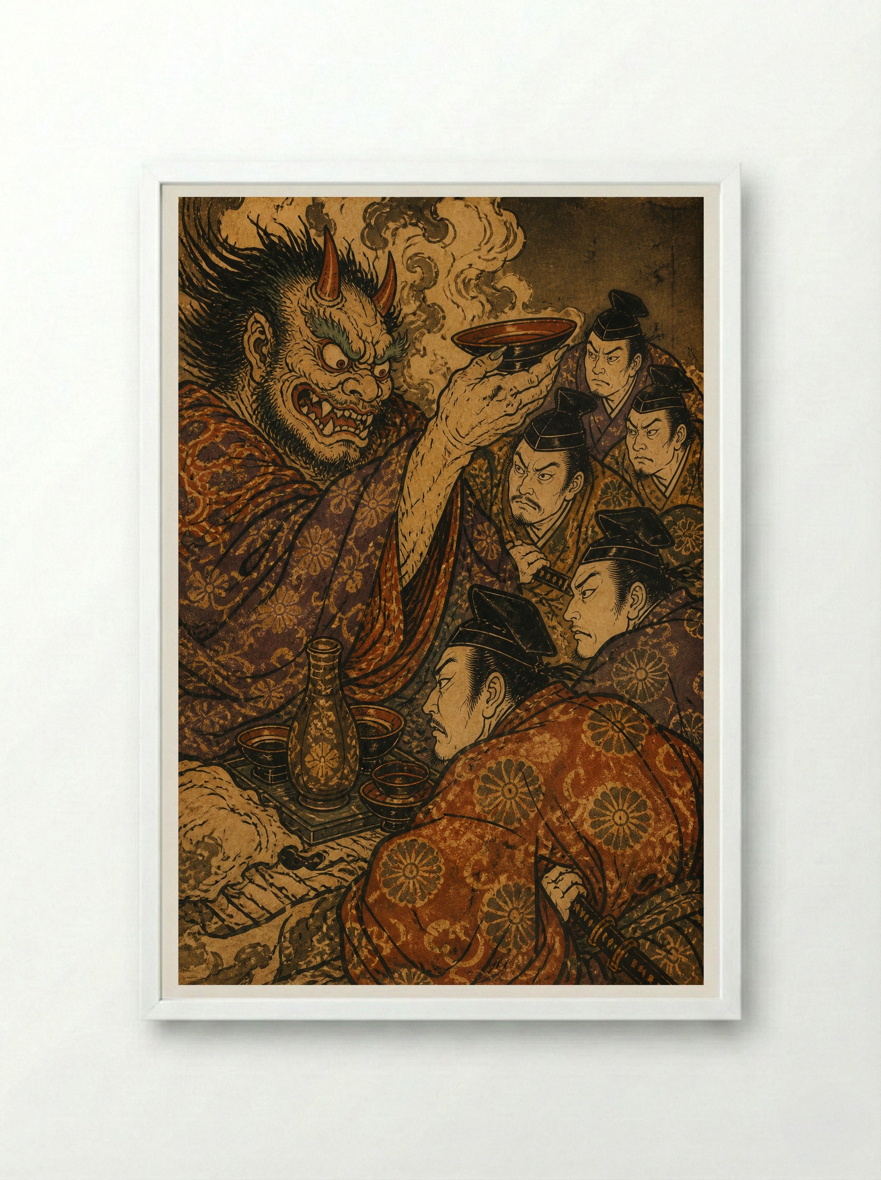 Shuten-doji at Mount Oe: The Sacred Sake - Framed Print White