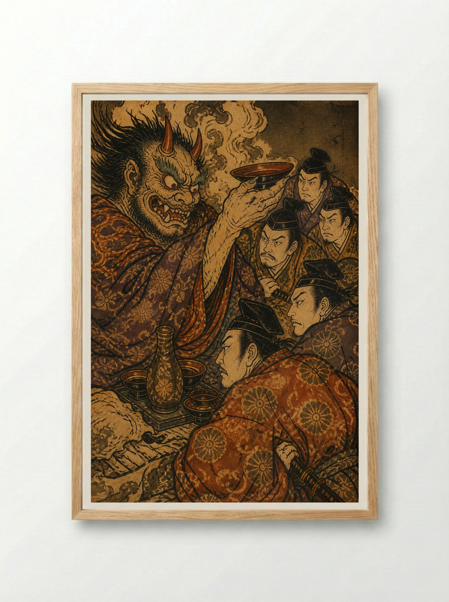 Shuten-doji at Mount Oe: The Sacred Sake - Framed Print Wood