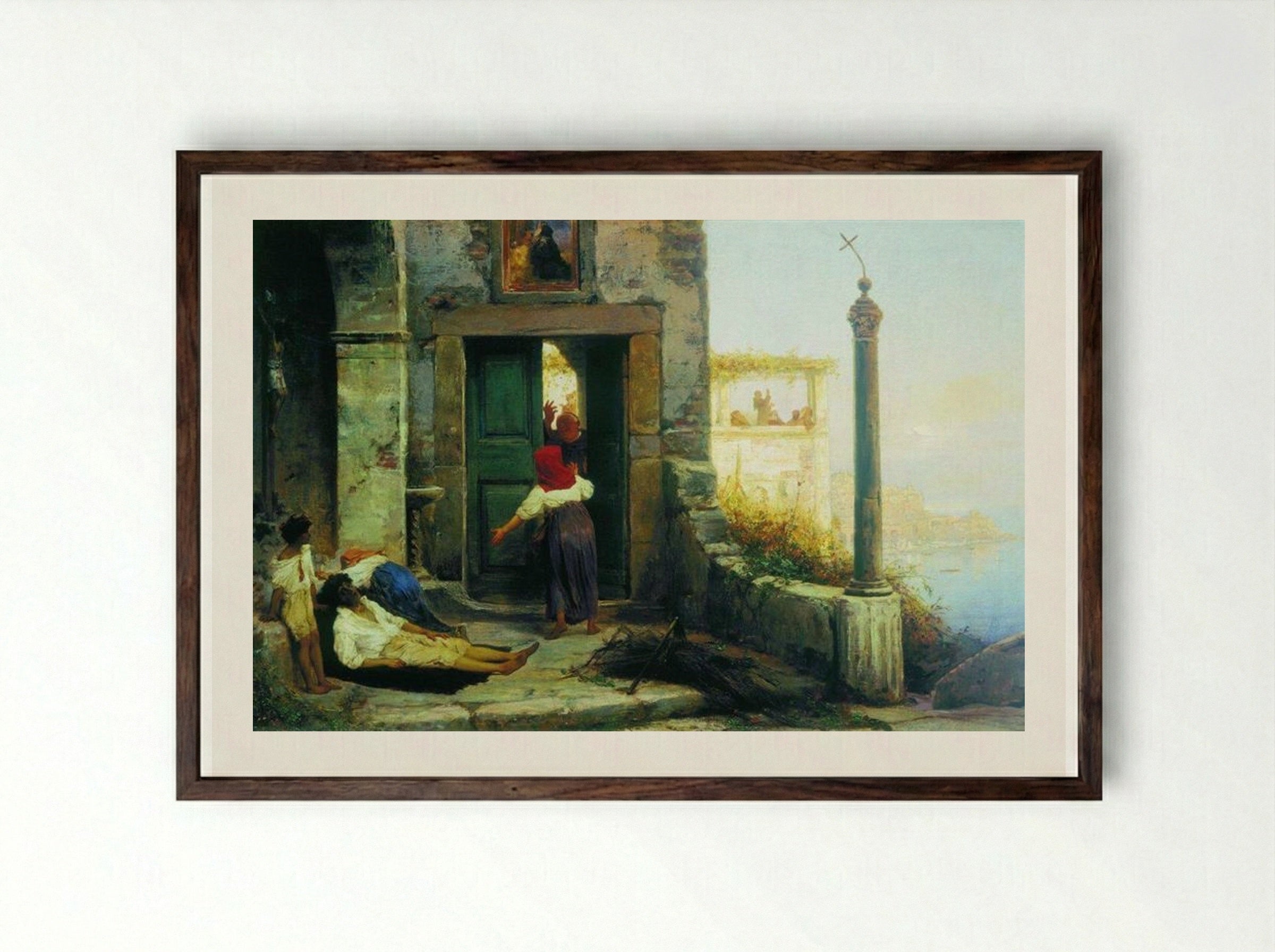 Sick man at the walls of a Catholic monastery - Fyodor Bronnikov - Framed Print Dark Wood
