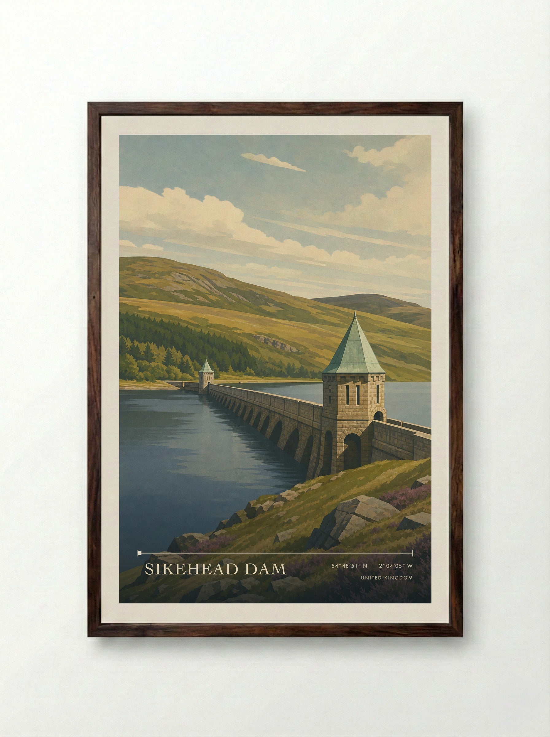 Sikehead Dam United Kingdom Travel Poster - Framed Print Dark Wood