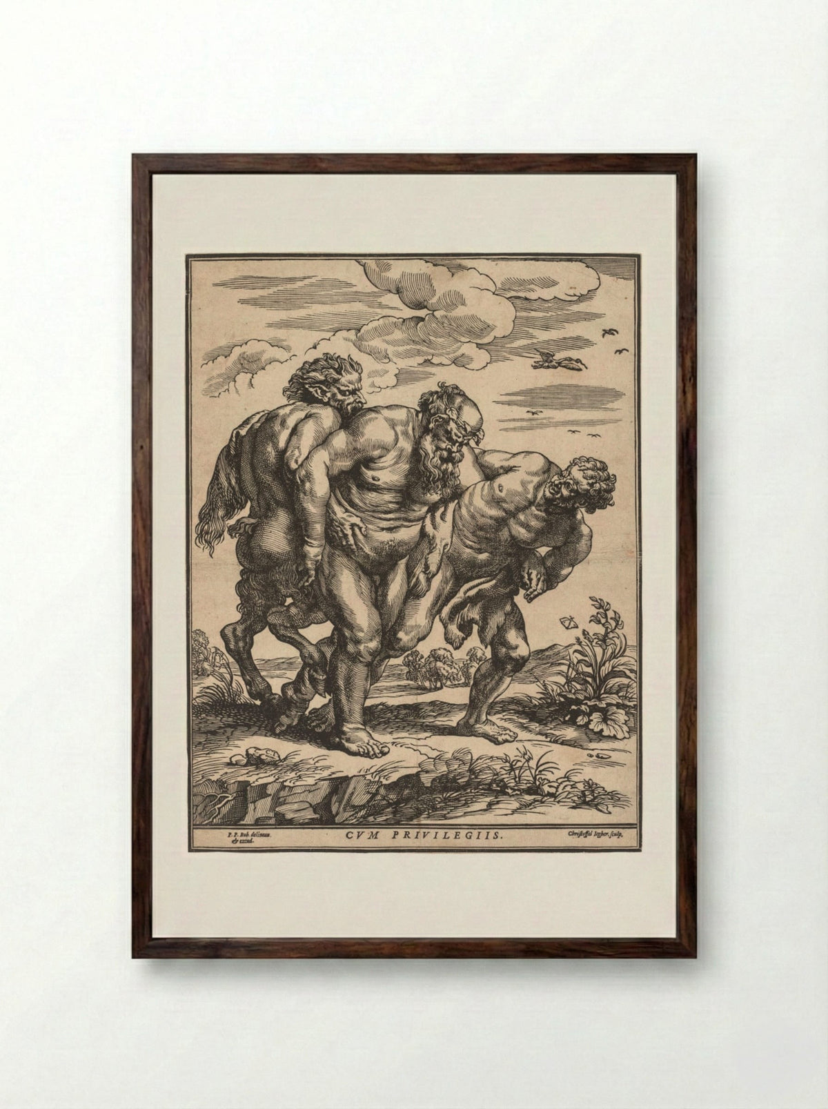 Silenus Accompanied by a Satyr and a Faun - Christoffel Jegher - Framed Print Dark Wood