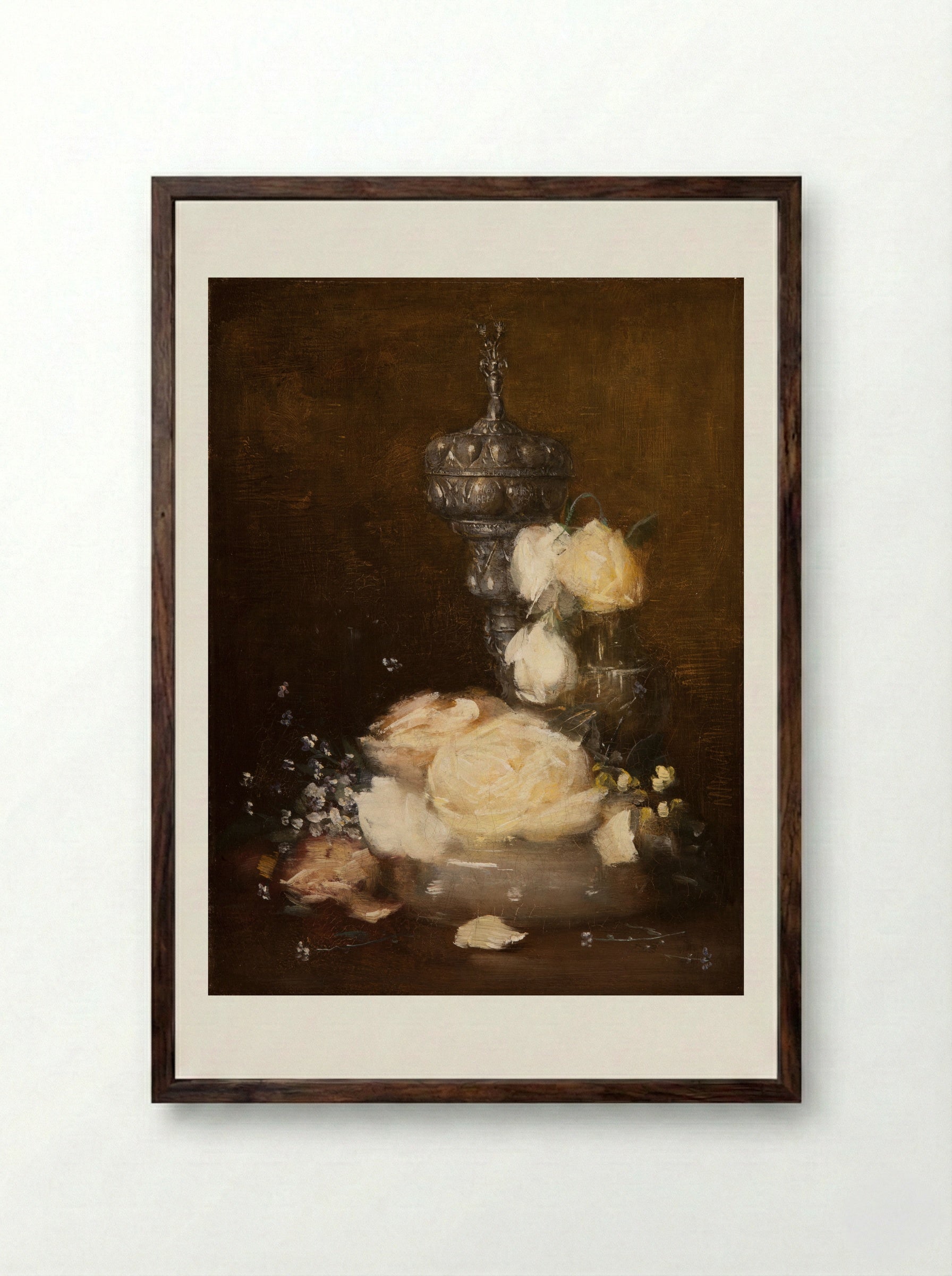 Silver Chalice with Roses - Julian Alden Weir - Framed Print Dark Wood