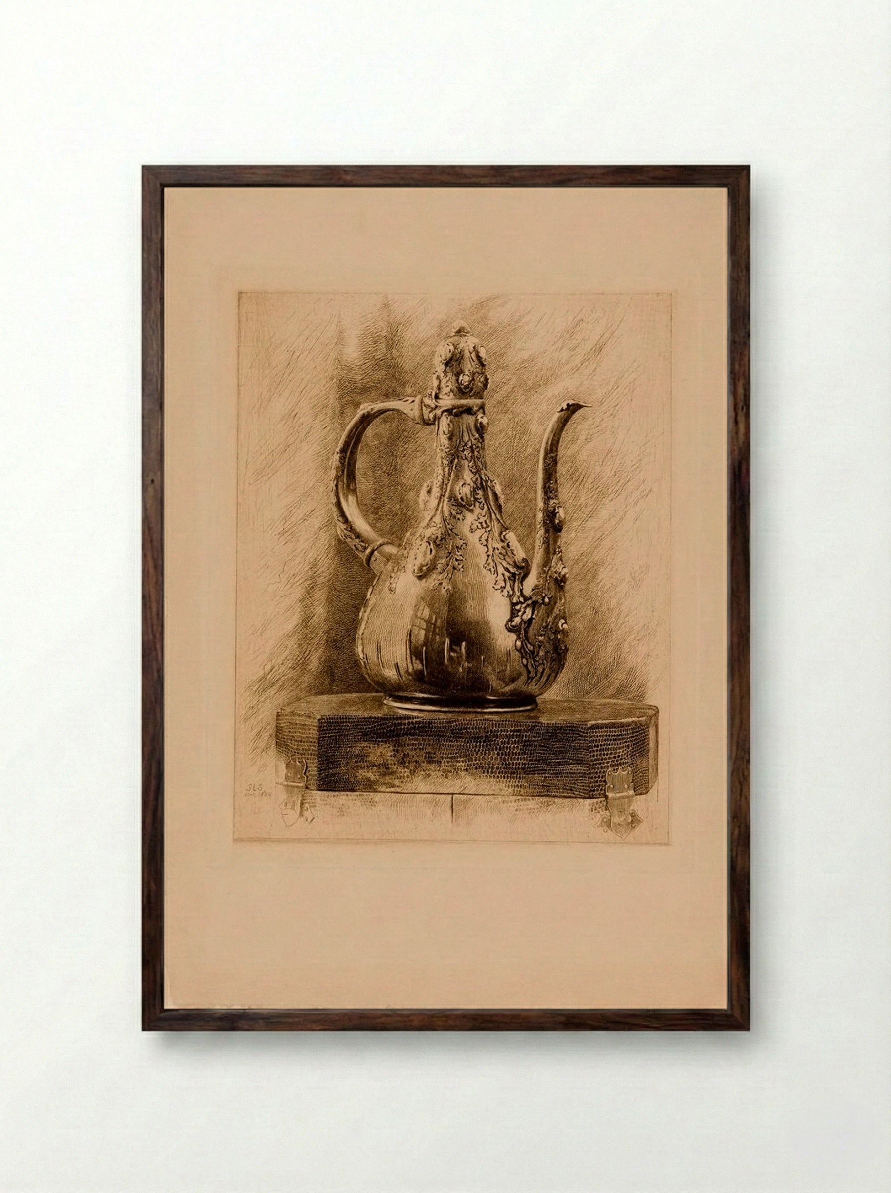Silver Coffee Pot Set with Rough Pearls, Persian Design - Sidney L. Smith - Framed Print Dark Wood