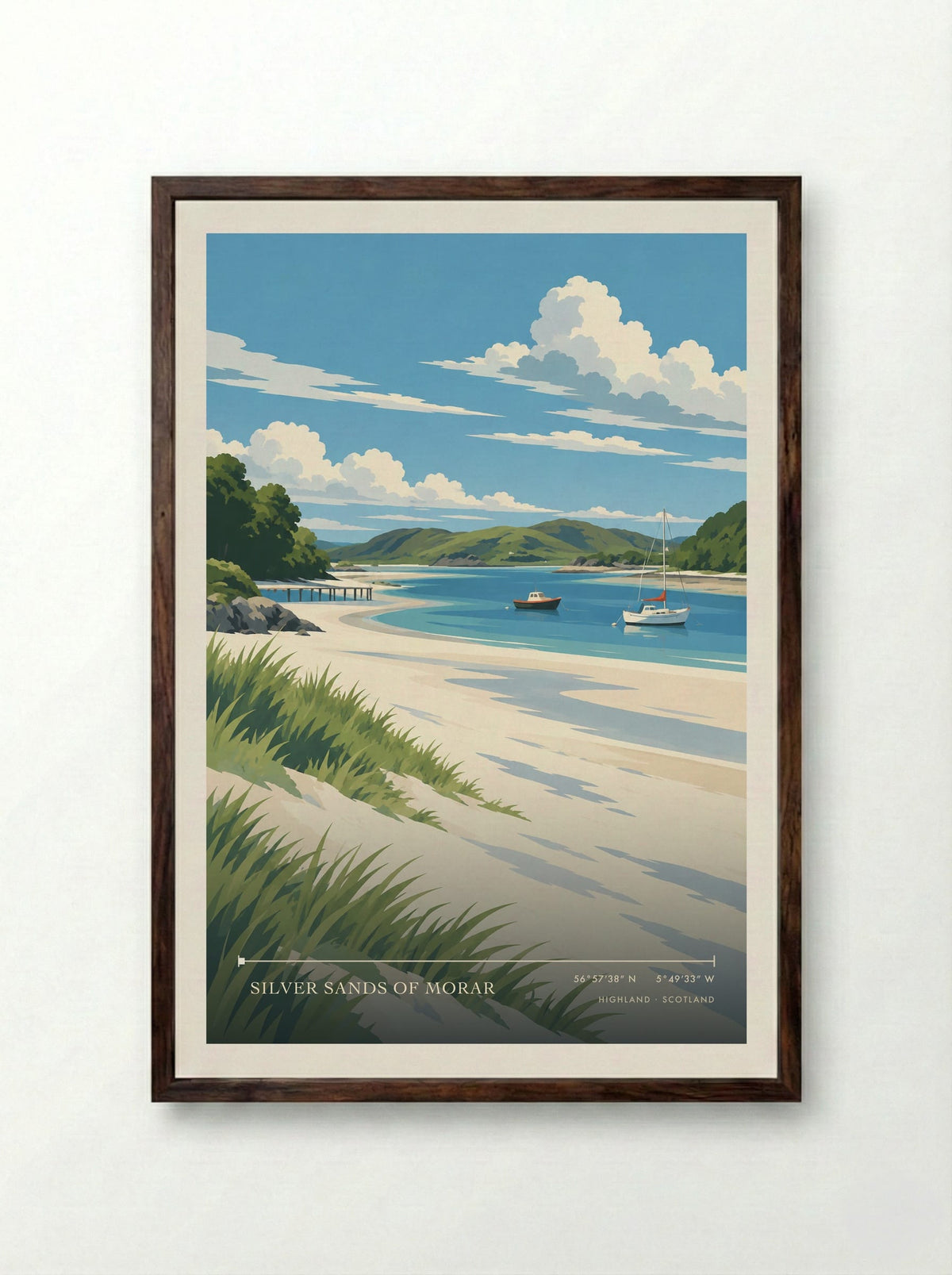 Silver Sands of Morar, Highland | Travel Poster - Framed Print Dark Wood