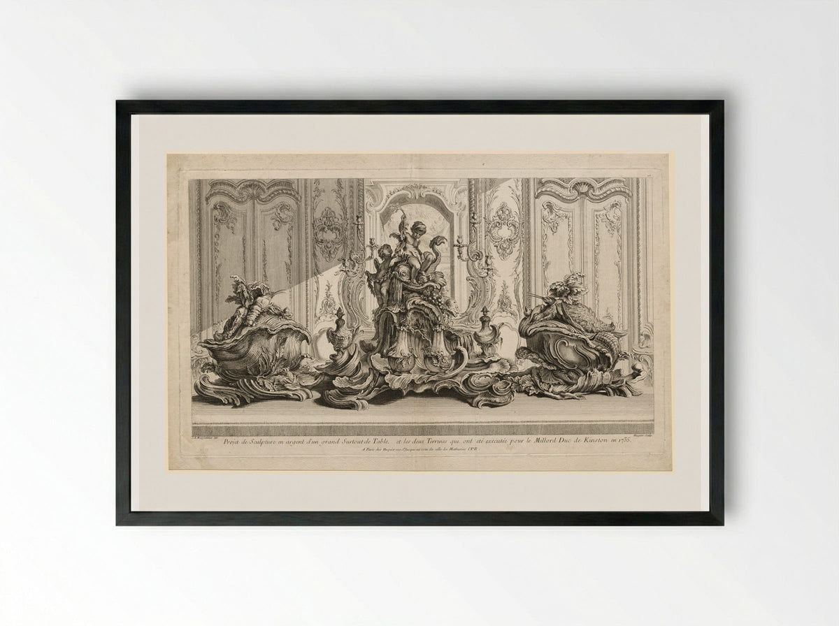 Silver Sculptural Project for a Large Centerpiece and Two Tureens - Gabriel Huquier - Framed Print Black