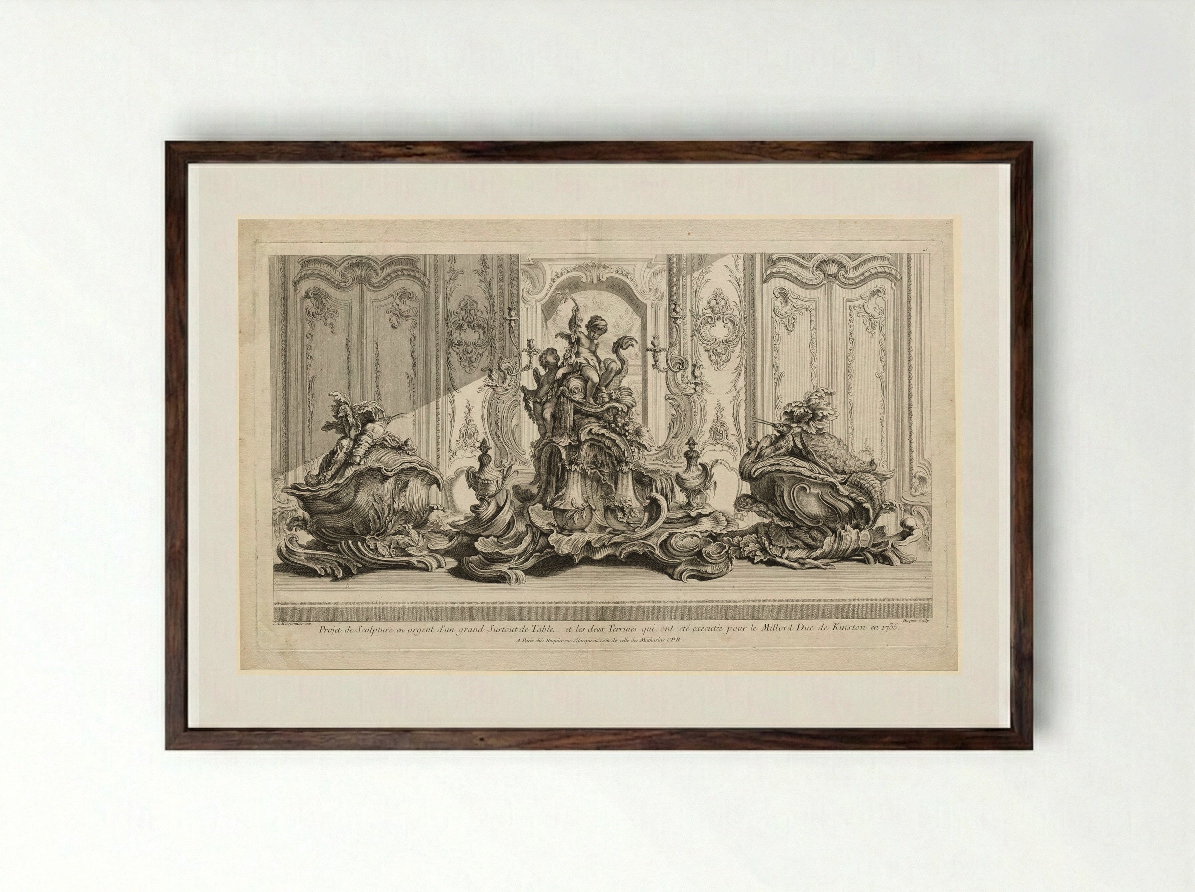 Silver Sculptural Project for a Large Centerpiece and Two Tureens - Gabriel Huquier - Framed Print Dark Wood