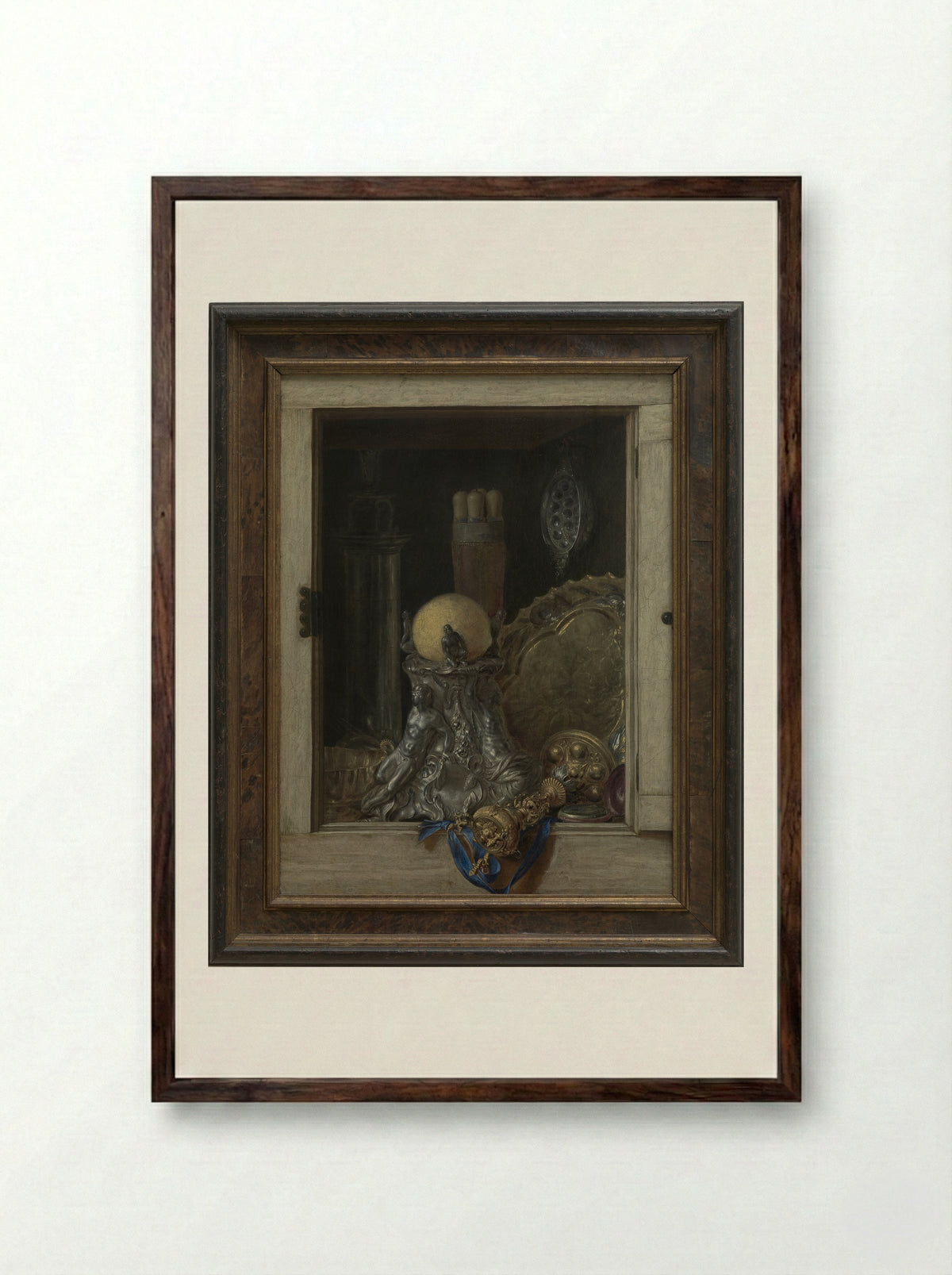 Silverware in an Open Cabinet - Cornelis Norbertus Gysbrechts - Framed Print Dark Wood