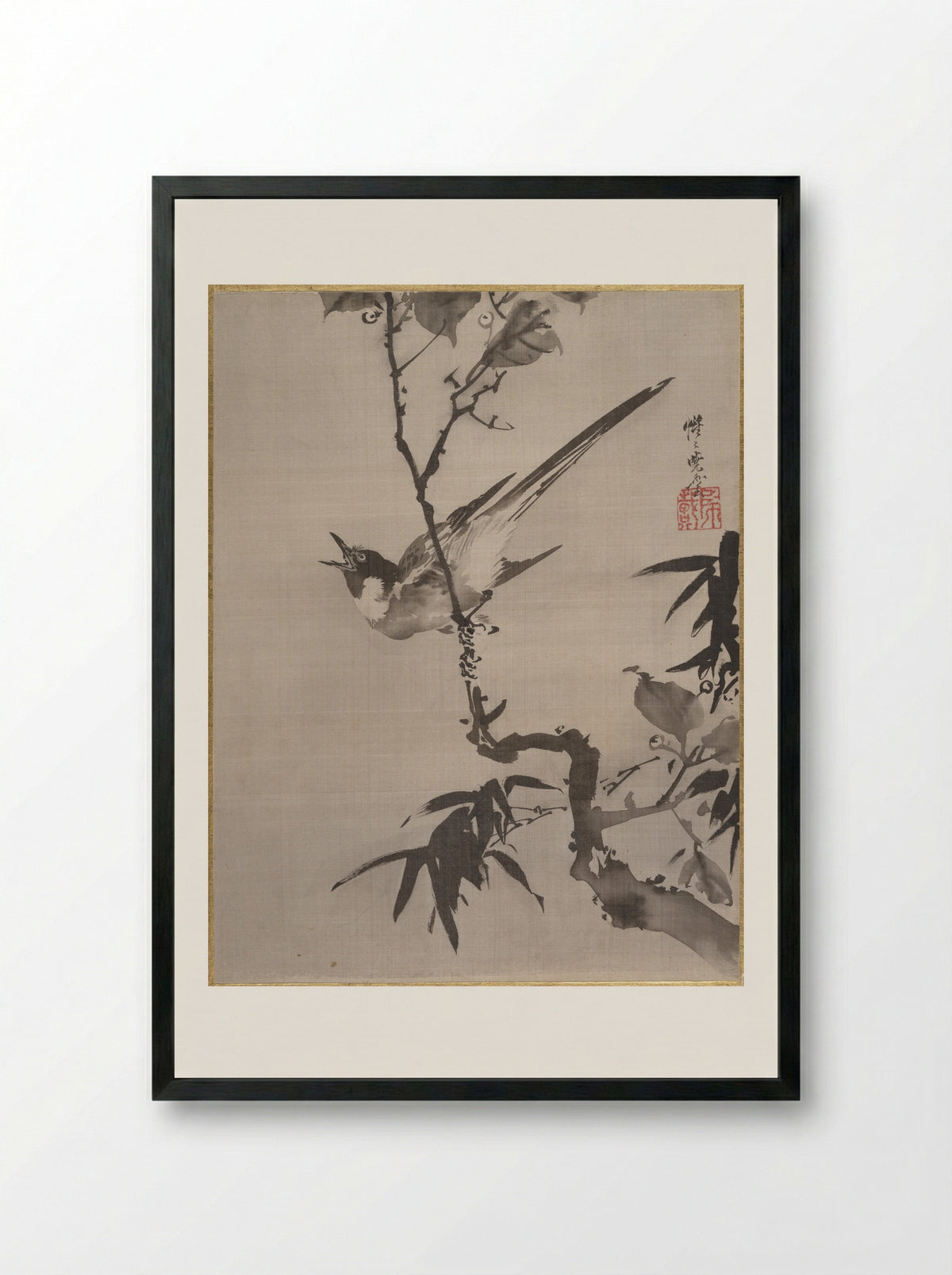 Singing Bird on a Branch - Kawanabe Kyōsai - Framed Print Black