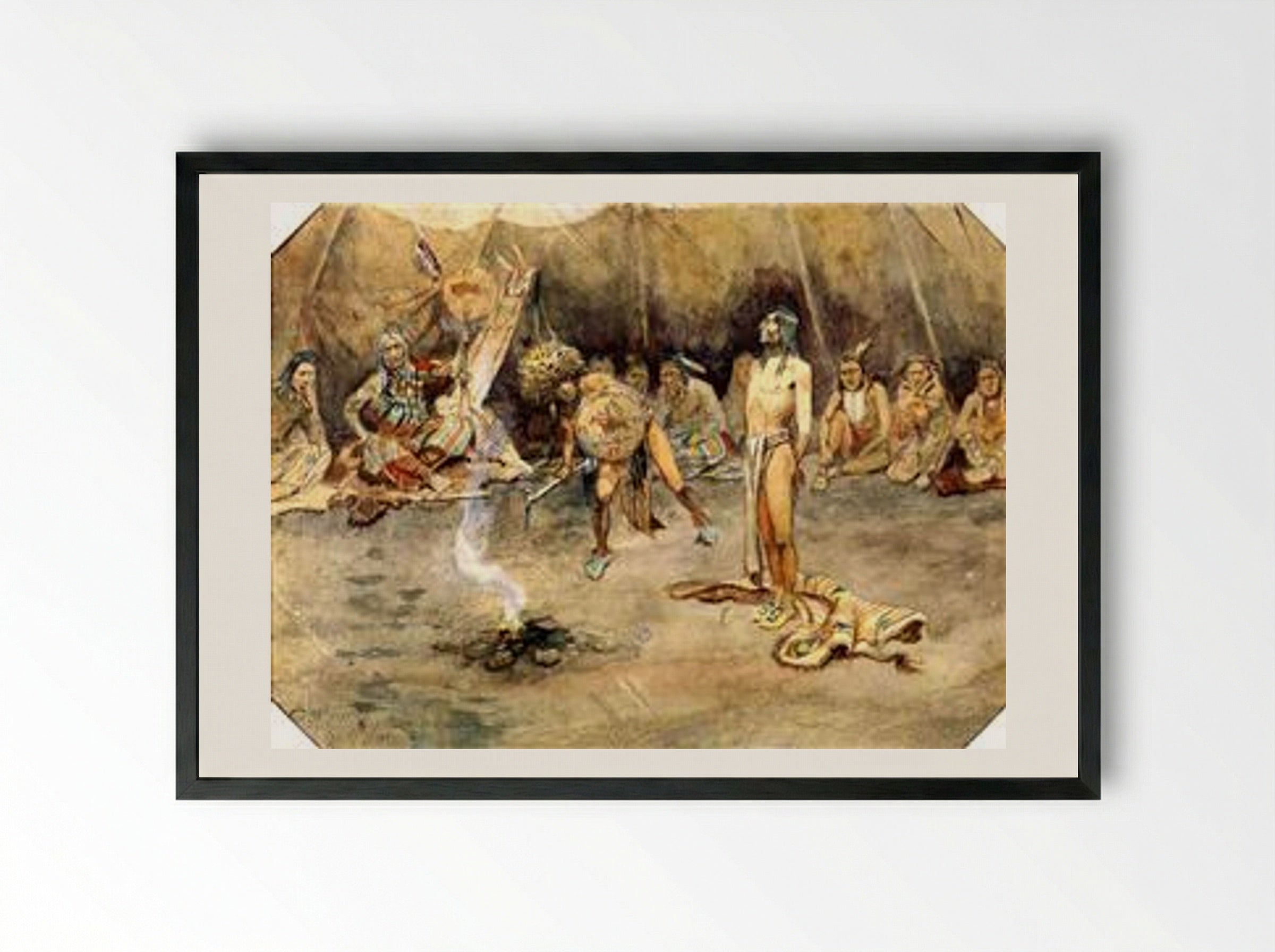 Sioux Torturing a Blackfoot Brave - Charles M. Russell - Framed Print Black