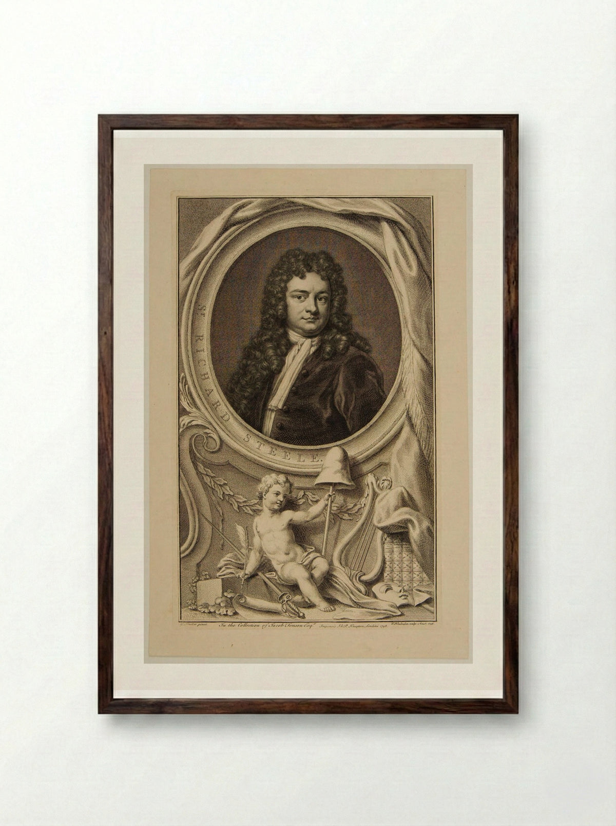 Sir Richard Steele - Jacobus Houbraken - Framed Print Dark Wood