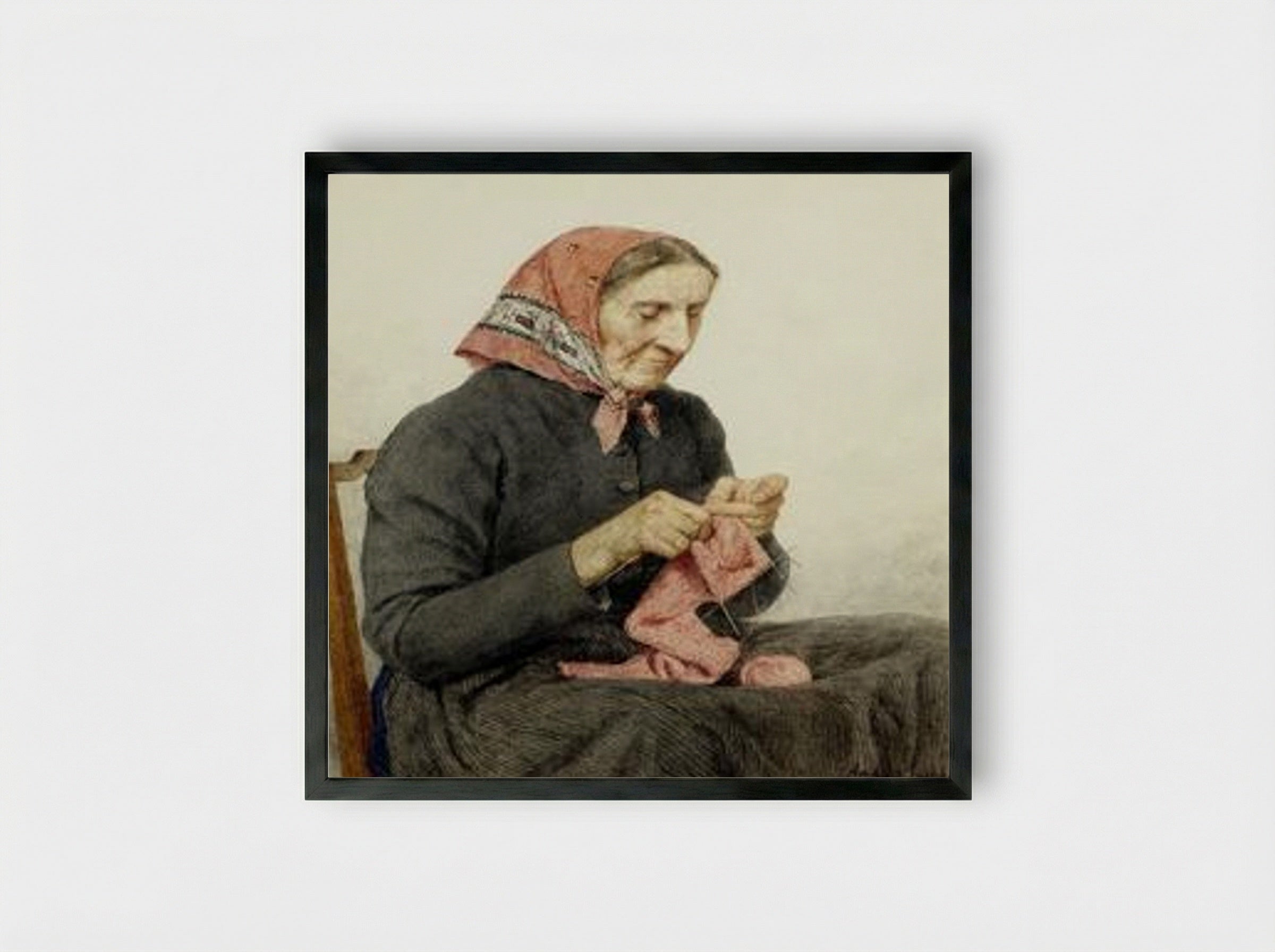 Sitzende Bäuerin beim Stricken - Albert Anker - Framed Print Black