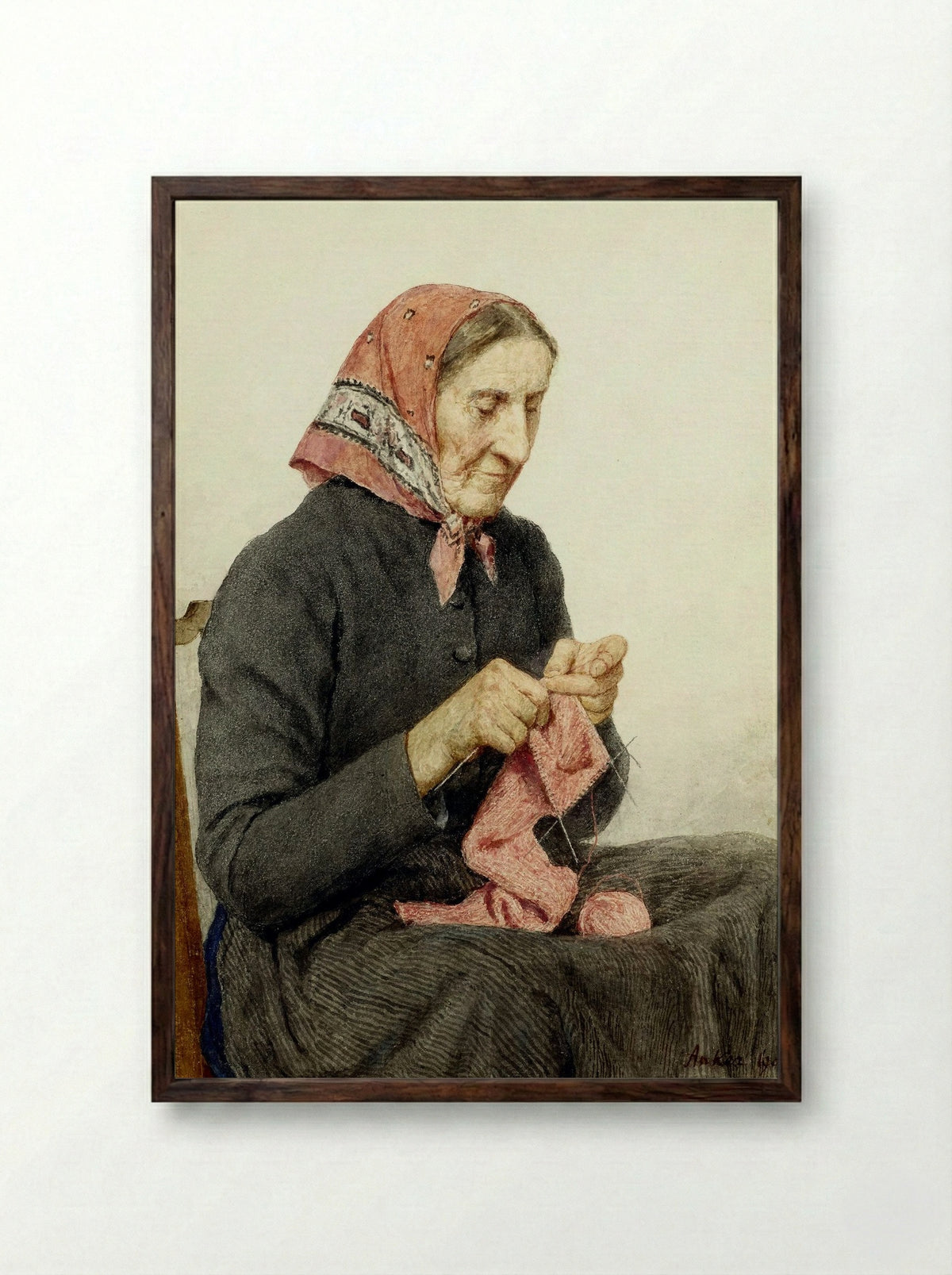 Sitzende Bäuerin beim Stricken - Albert Anker - Framed Print Dark Wood