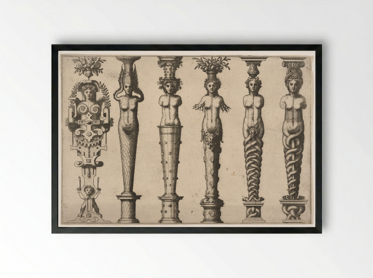 Six Female Caryatids - Hans Vredeman de Vries - Framed Print Black