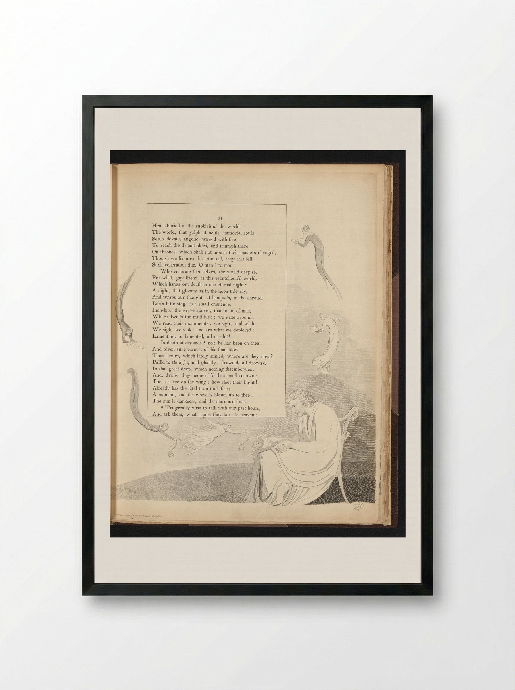 Six Flying Figures and a Seated Man with a Scroll - William Blake - Framed Print Black