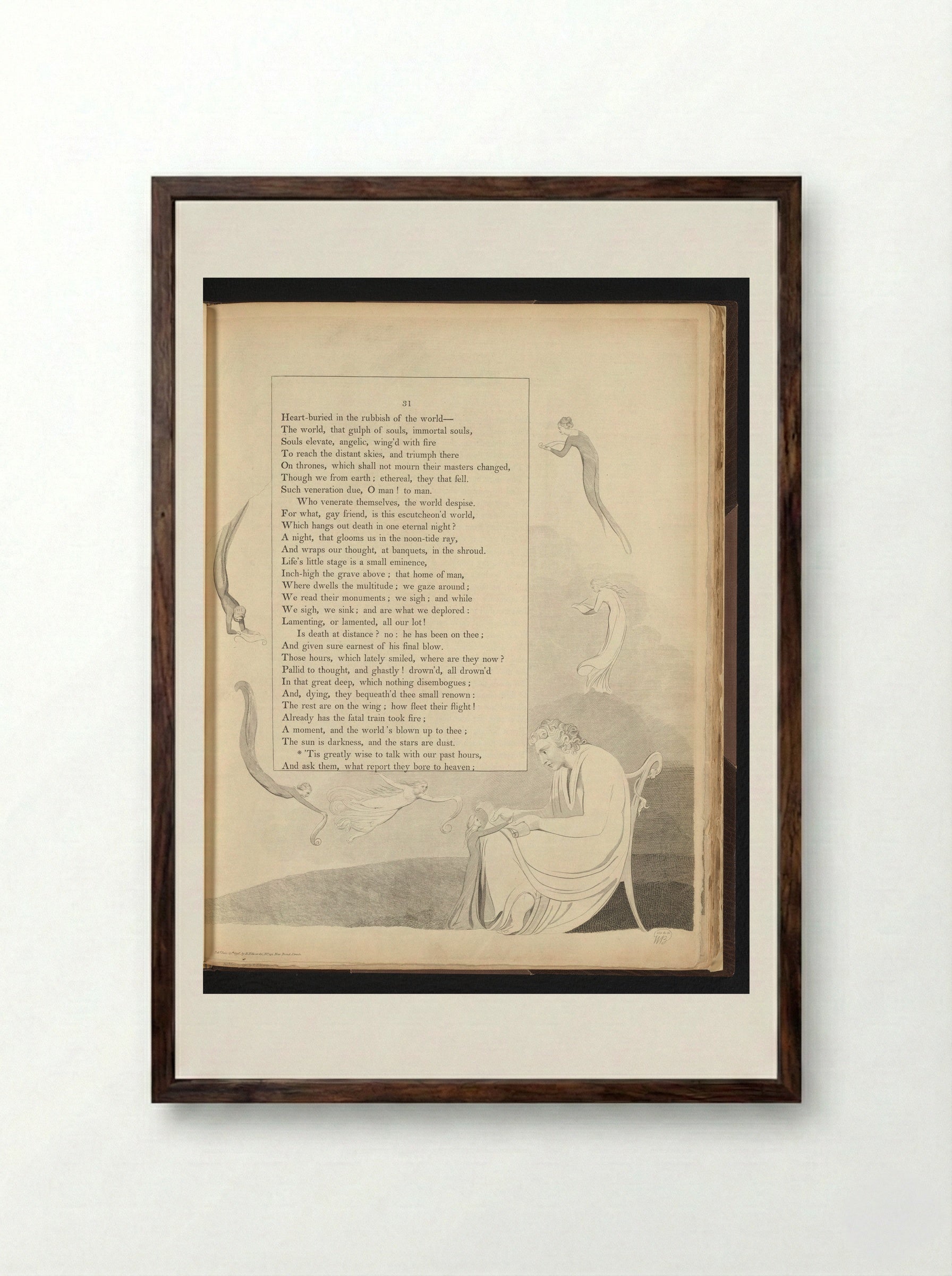 Six Flying Figures and a Seated Man with a Scroll - William Blake - Framed Print Dark Wood