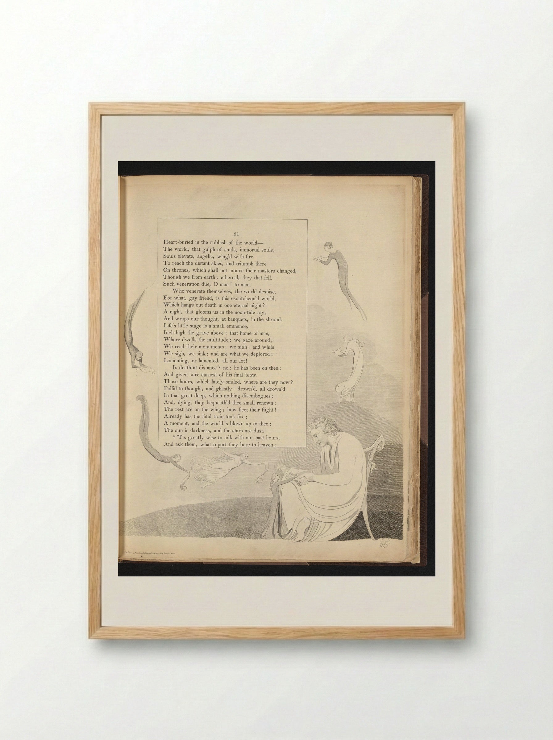 Six Flying Figures and a Seated Man with a Scroll - William Blake - Framed Print Wood