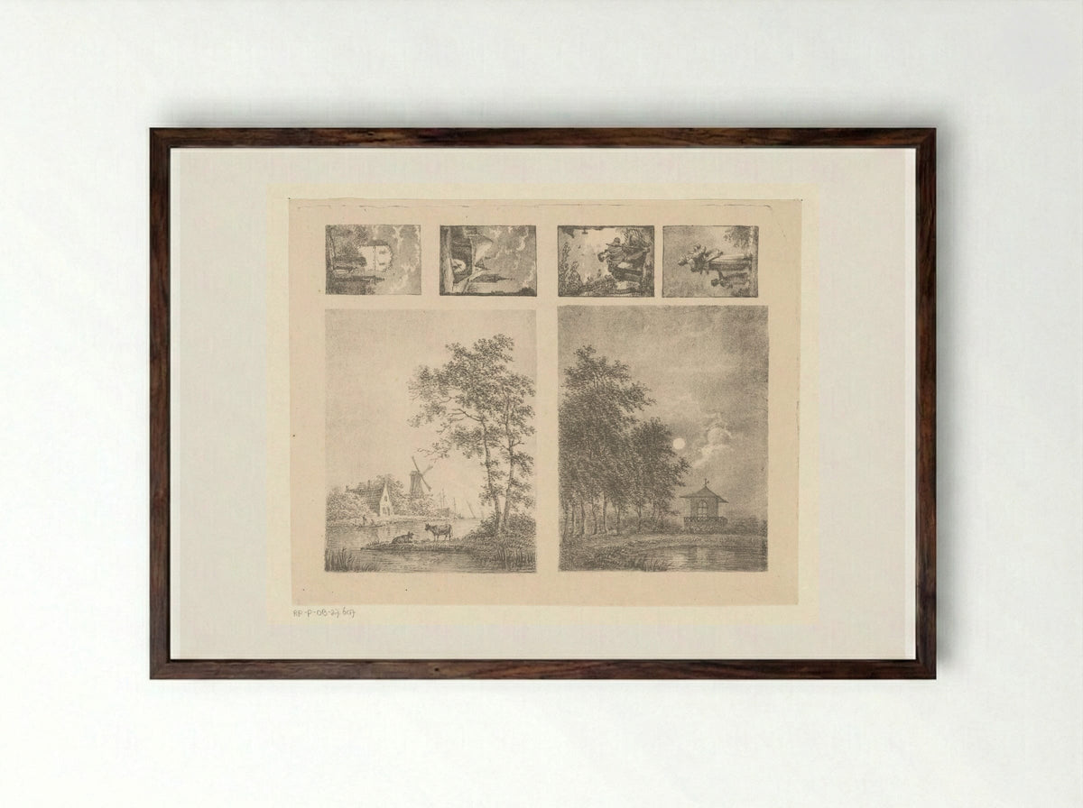 Six Scenes Including Landscapes, Cityscapes and Figures - Pieter Bartholomeusz. Barbiers - Framed Print Dark Wood