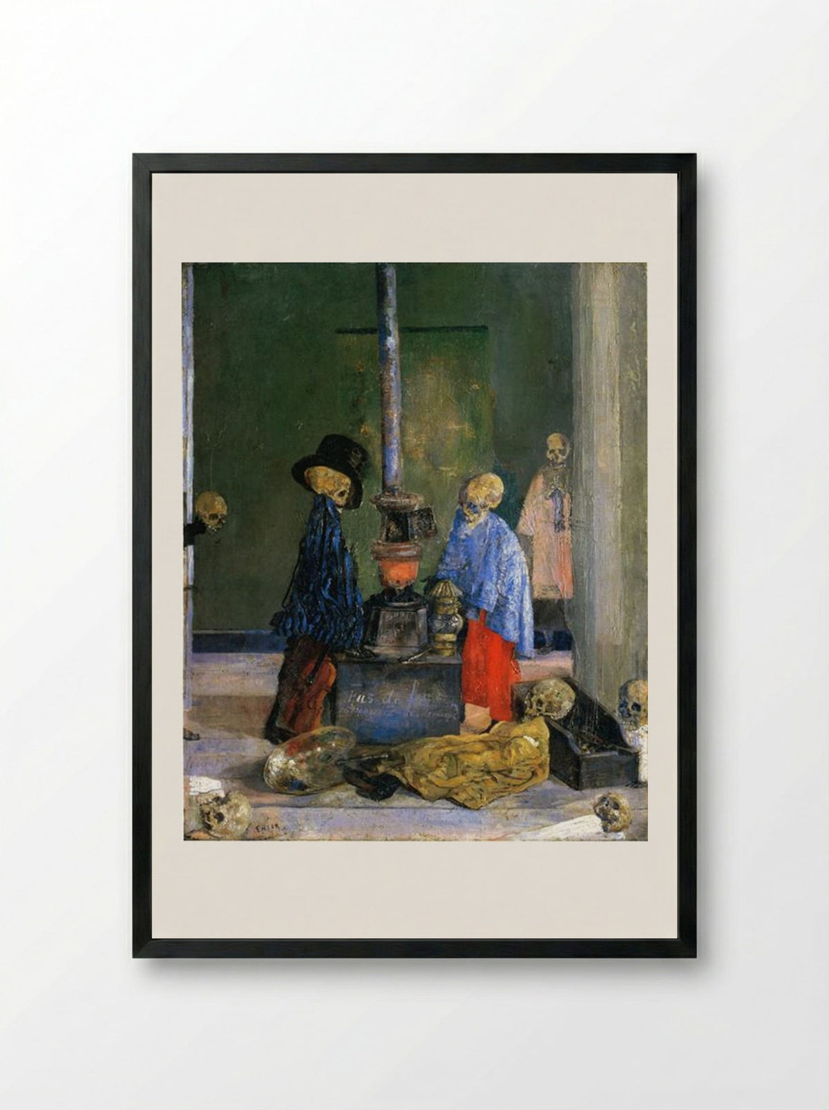 Skeletons Trying to Warm Themselves - James Ensor - Framed Print Black