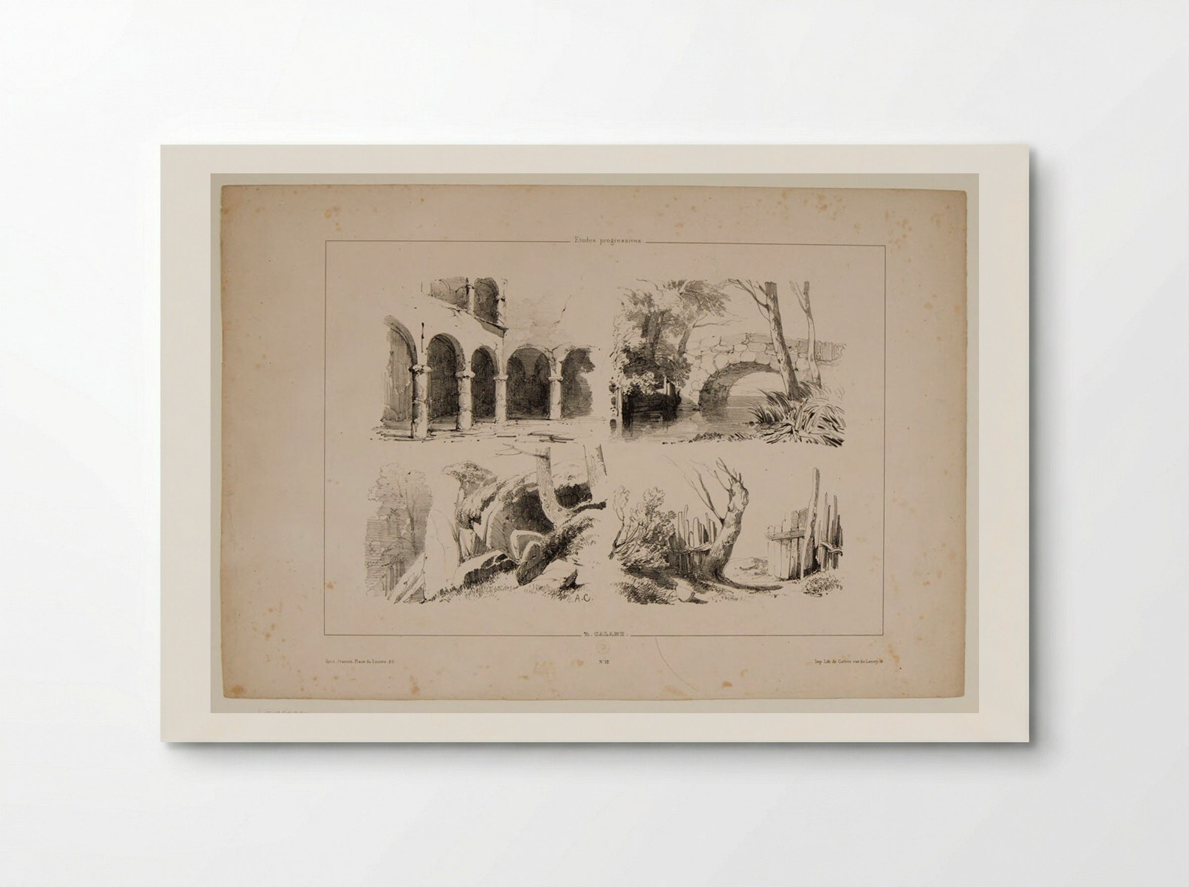 Sketches of an Arcade, a Bridge, Mossy Rocks, and a Fence - Alexandre Calame - Poster