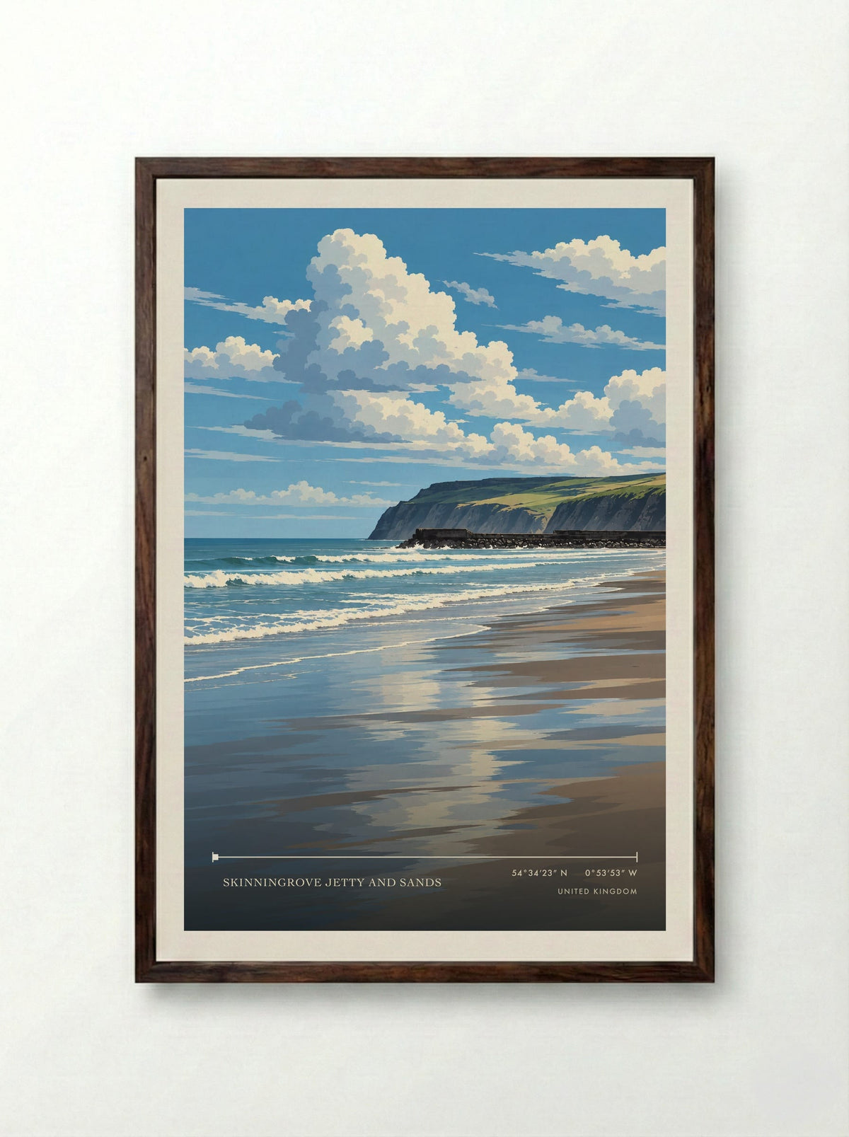 Skinningrove Jetty and Sands | Travel Poster - Framed Print Dark Wood
