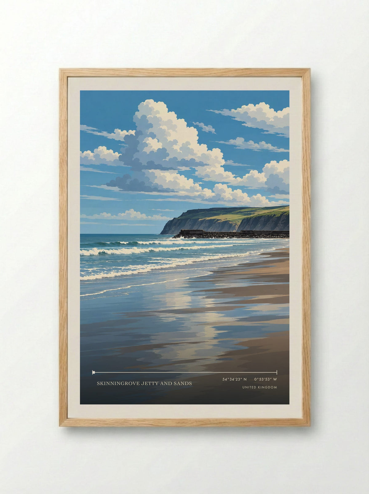 Skinningrove Jetty and Sands | Travel Poster - Framed Print Wood