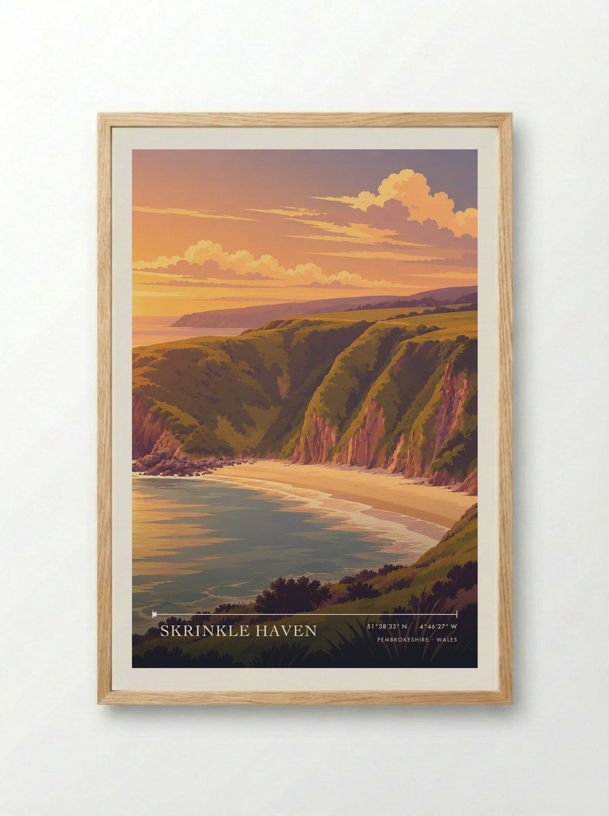 Skrinkle Haven, Pembrokeshire | Travel Poster - Framed Print Wood
