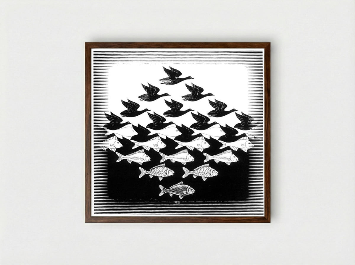 Sky and Water I - M.C. Escher - Framed Print Dark Wood