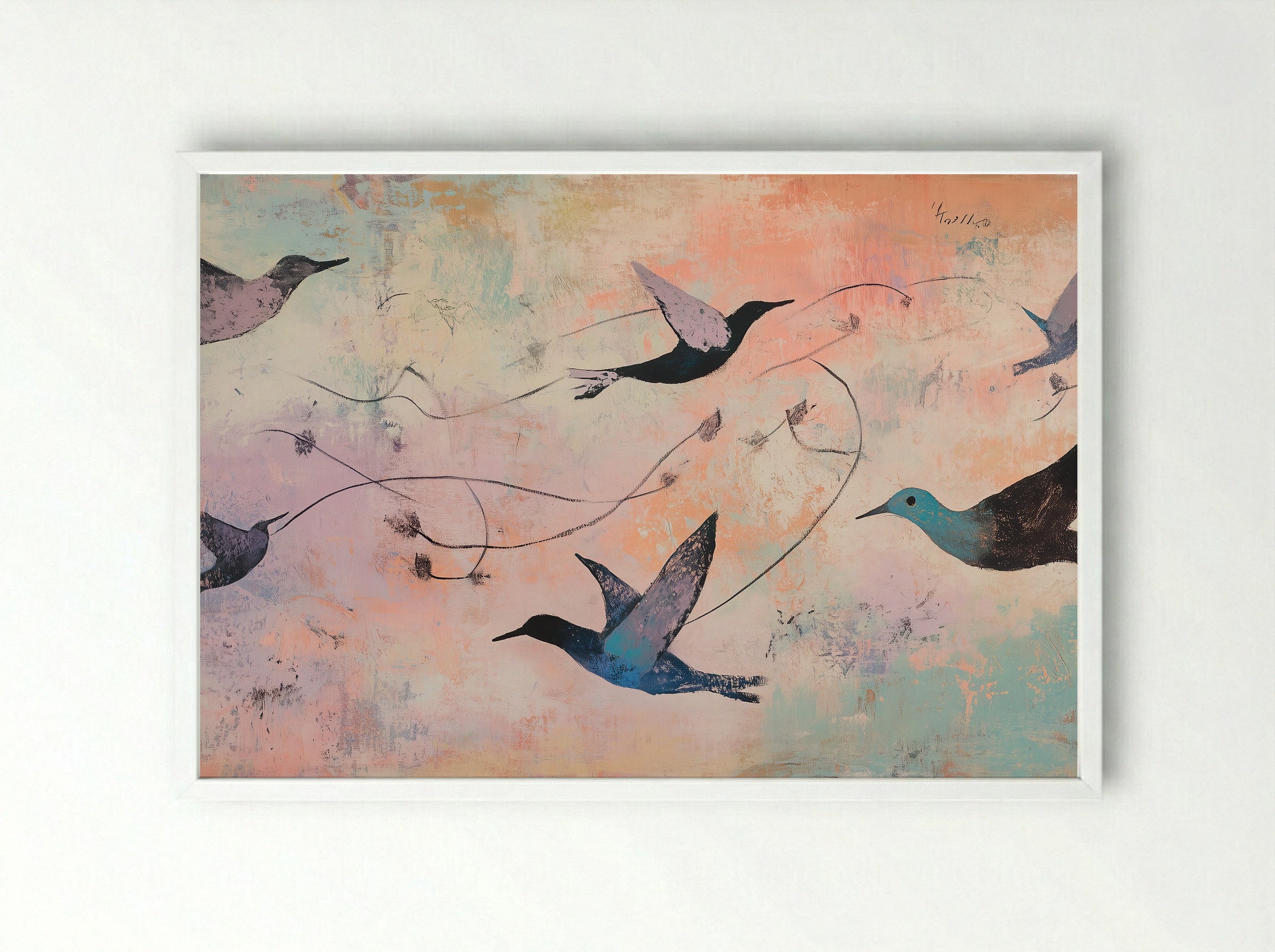 Skyward Drift – Hummingbirds in Flight on Pastel Horizon - Framed Print White