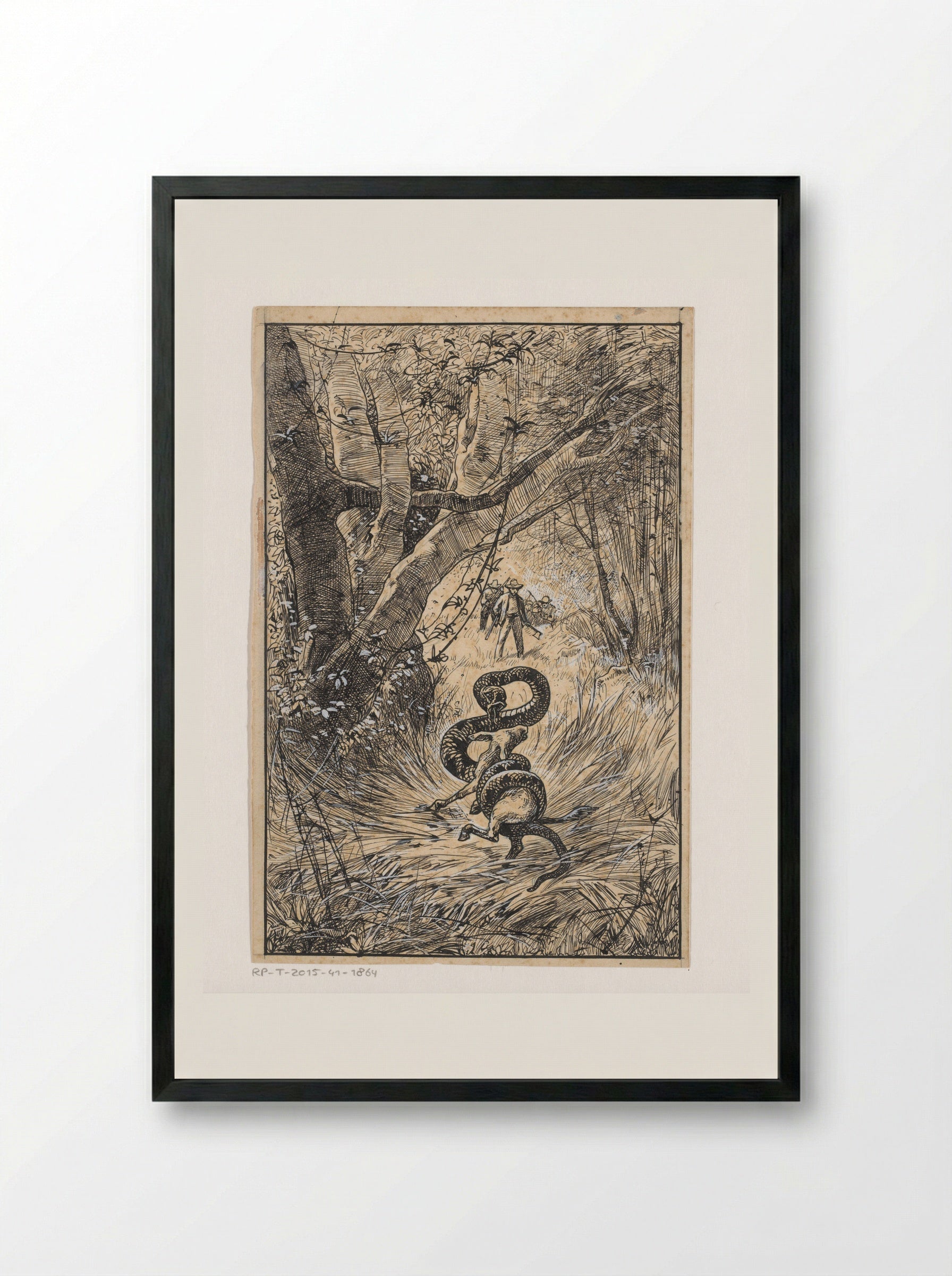 Slang wurgt een geit (Snake Constricting a Goat) - Willem Wenckebach - Framed Print Black