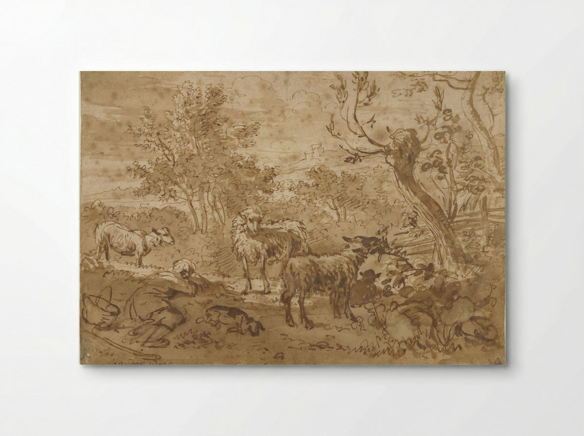Slapende herder met vier schapen - Simon van der Does - Poster