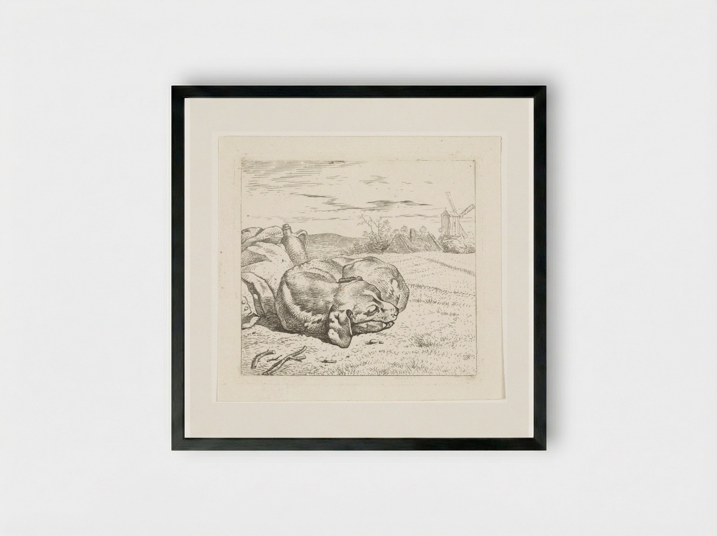 Slapende hond met windmolen op de achtergrond - Wouter Johannes van Troostwijk - Framed Print Black