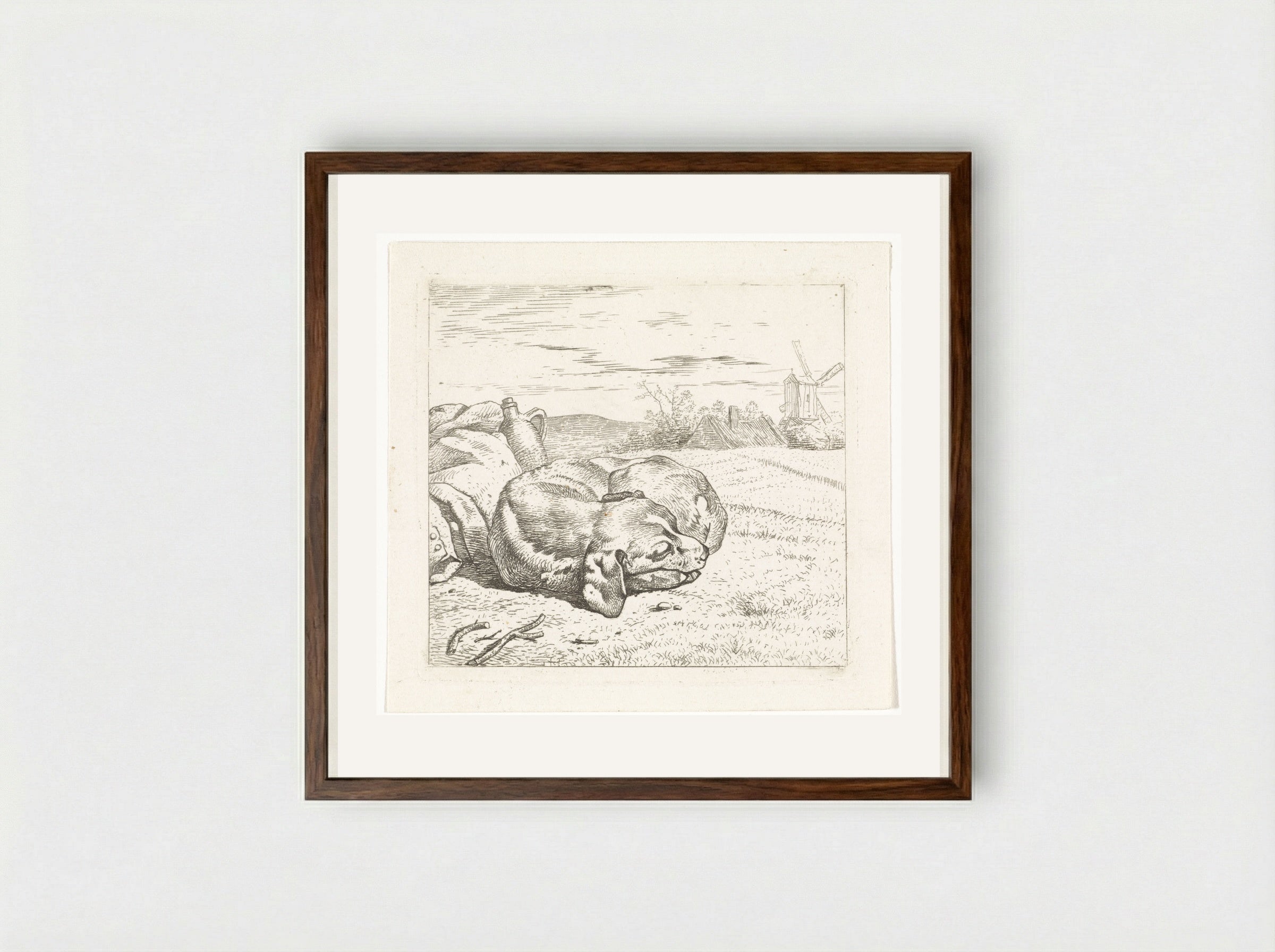 Slapende hond met windmolen op de achtergrond - Wouter Johannes van Troostwijk - Framed Print Dark Wood