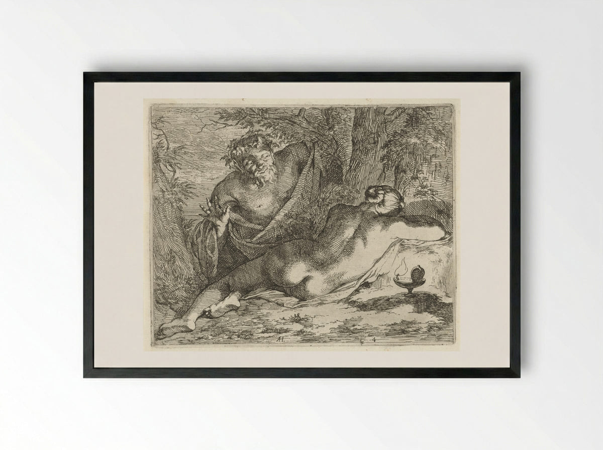 Slapende nimf bespied door een sater - Nicolaes de Vries - Framed Print Black