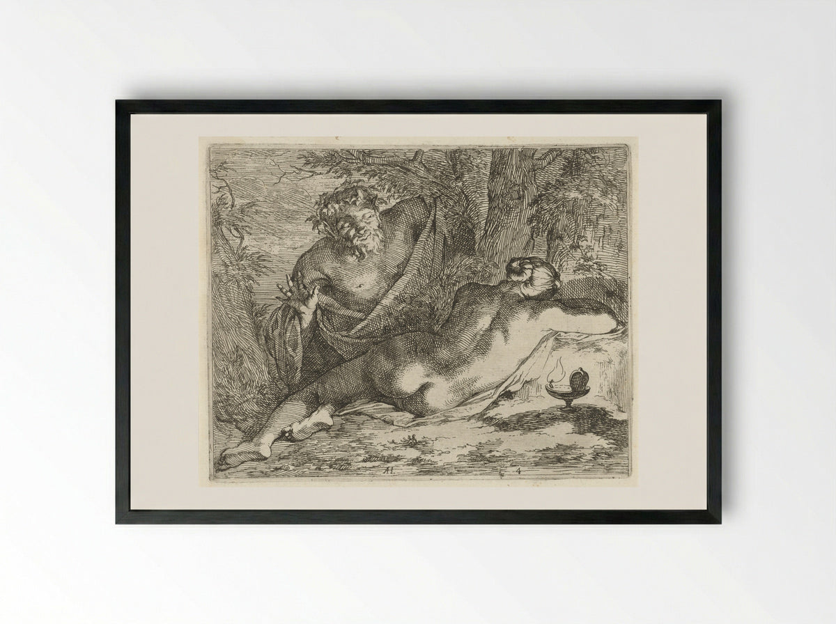 Slapende nimf bespied door een sater - Nicolaes de Vries - Framed Print Black