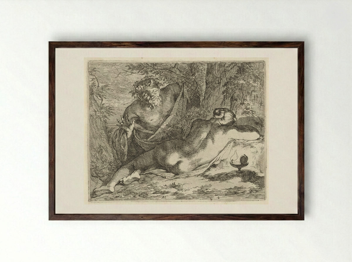 Slapende nimf bespied door een sater - Nicolaes de Vries - Framed Print Dark Wood