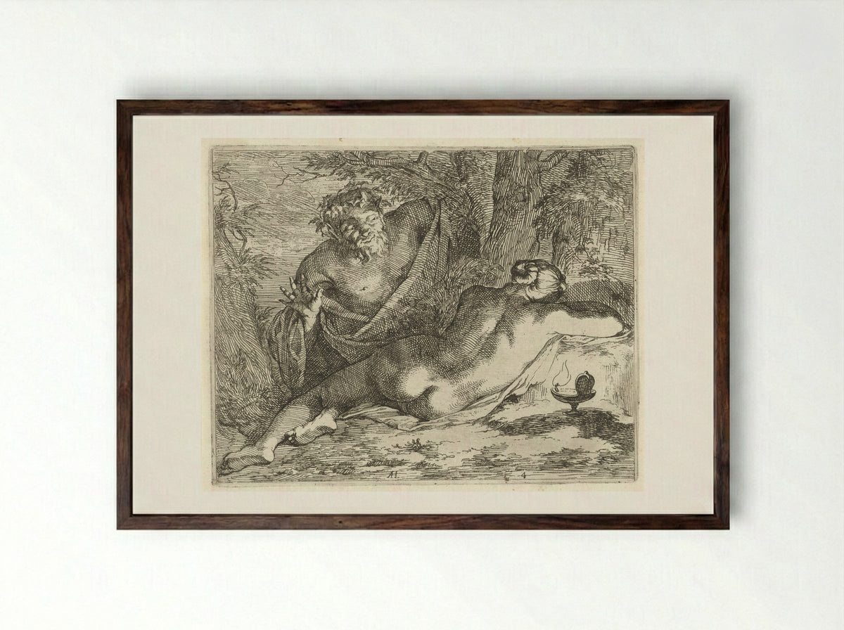 Slapende nimf bespied door een sater - Nicolaes de Vries - Framed Print Dark Wood