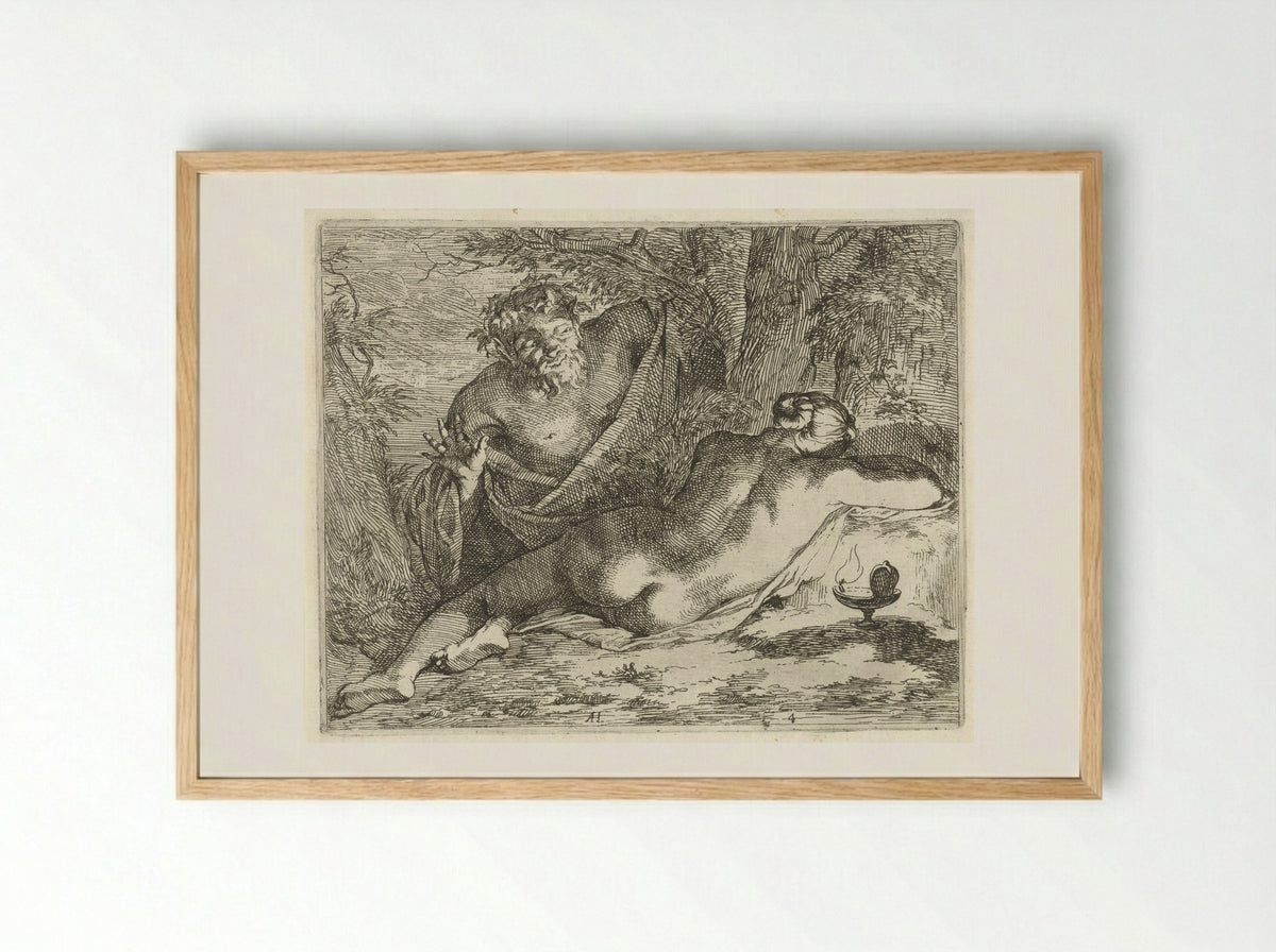 Slapende nimf bespied door een sater - Nicolaes de Vries - Framed Print Wood