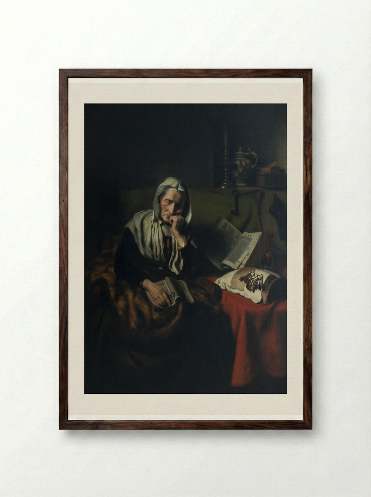 Slapende oude vrouw - Nicolaes Maes - Framed Print Dark Wood