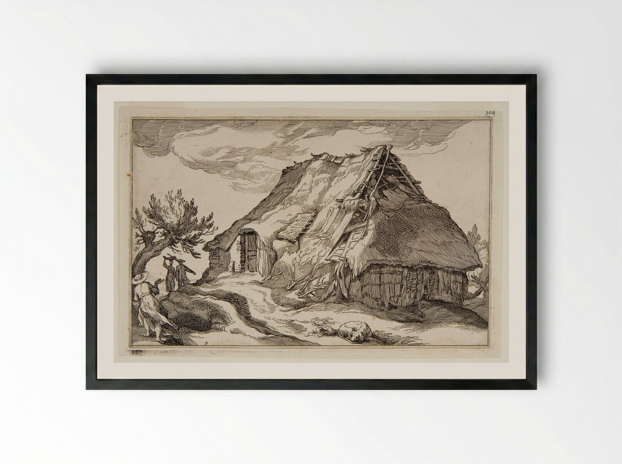 Sleeping Dog before a Cottage - Boetius Adamsz. Bolswert - Framed Print Black