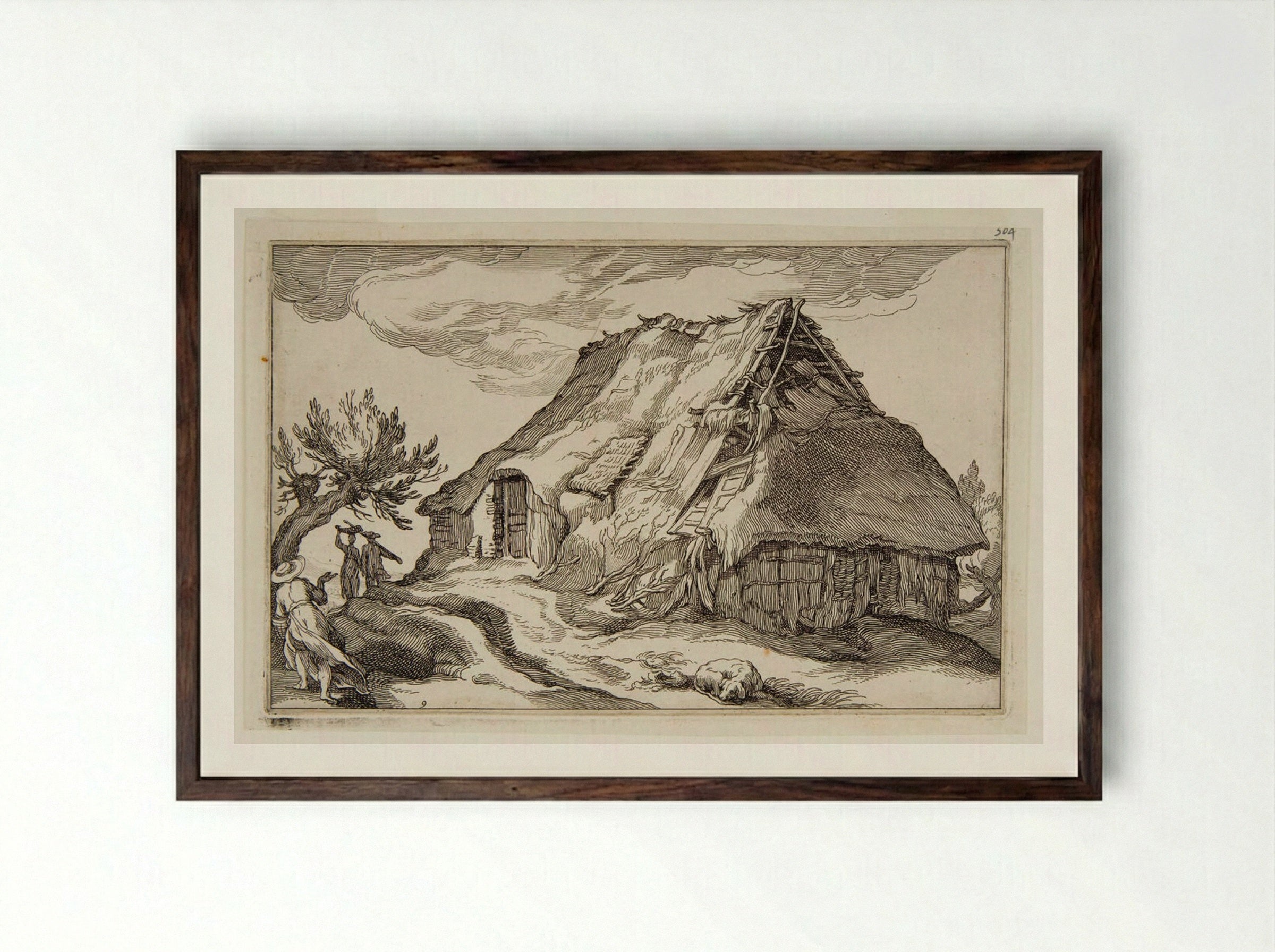 Sleeping Dog before a Cottage - Boetius Adamsz. Bolswert - Framed Print Dark Wood